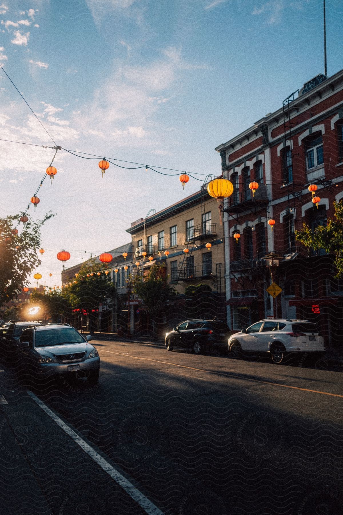 Apartment buildings in chinatown in victoria during dusk