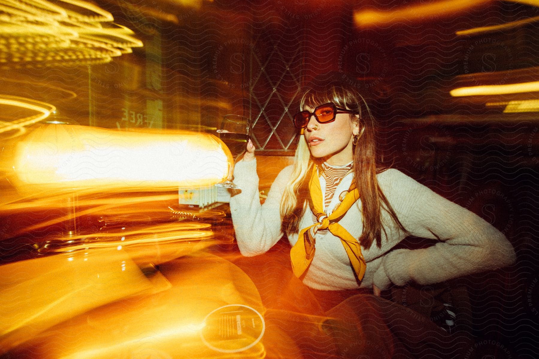 Woman holding a drink and wearing sunglasses in a dimly lit environment