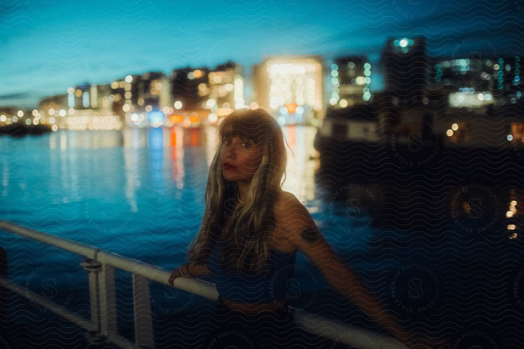 Blonde woman standing on a bridge with city lights in the background