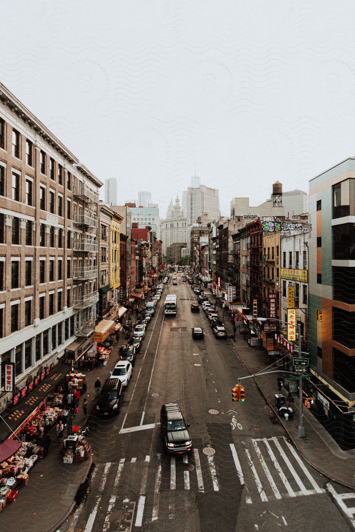 Wide city street with skyline in the background in the city