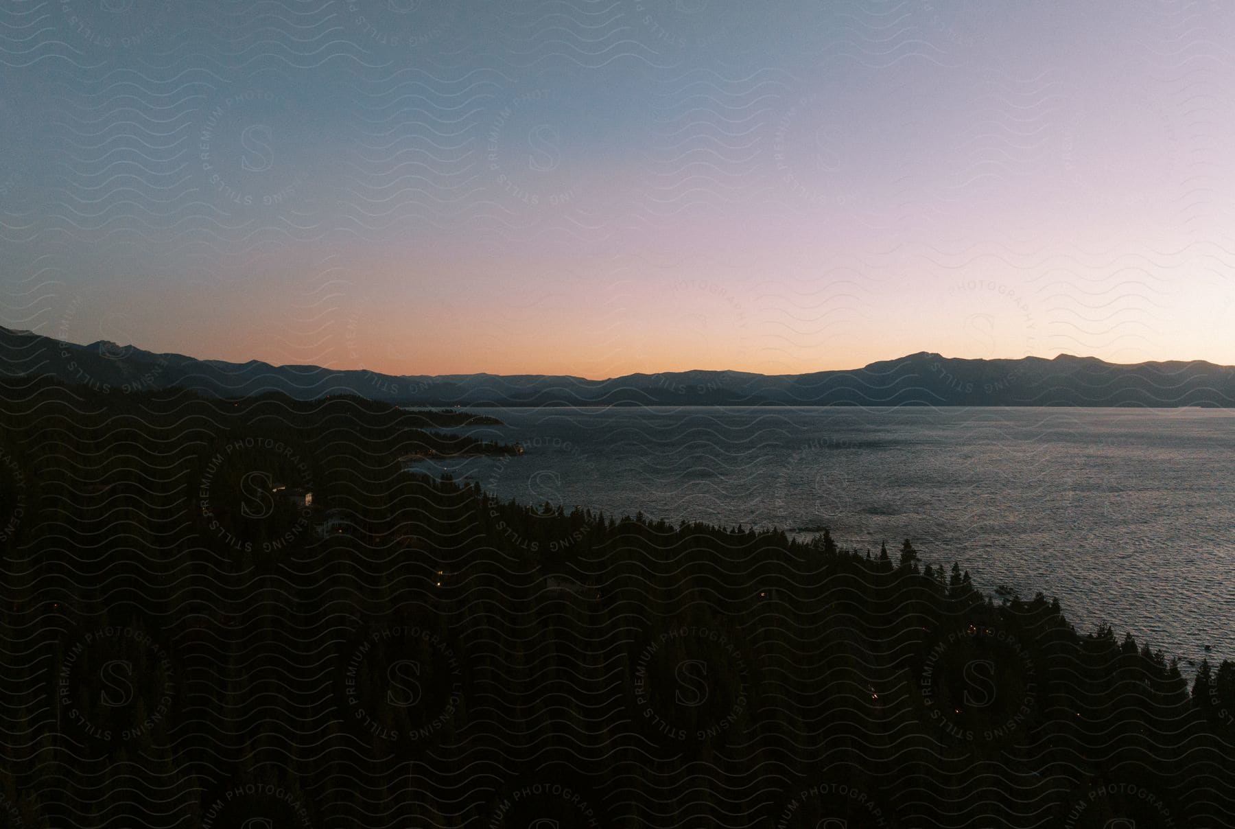 Trees line the shore of the water at sunset in lake tahoe