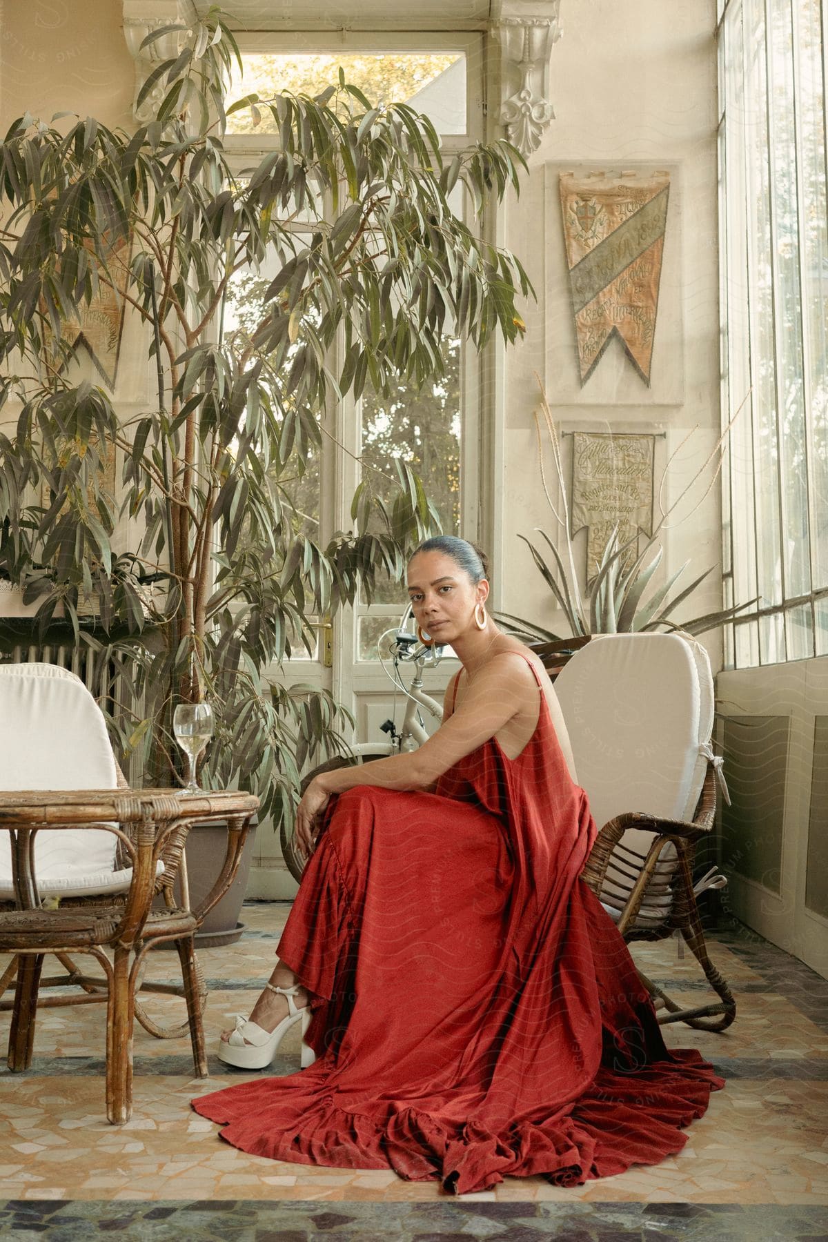 A woman seated in a stylish room wearing a long red gown