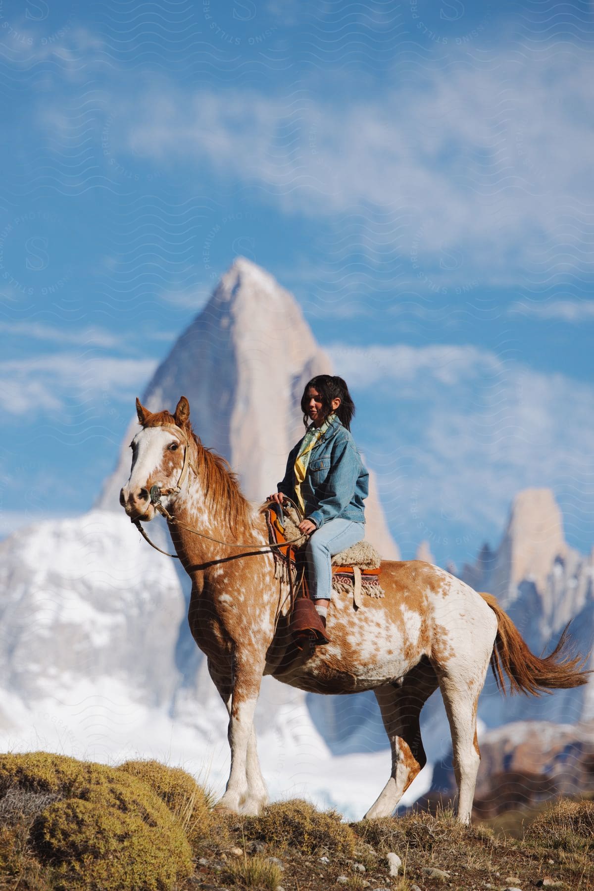 Woman sits on brown and white horseback with mount fitz roy in background