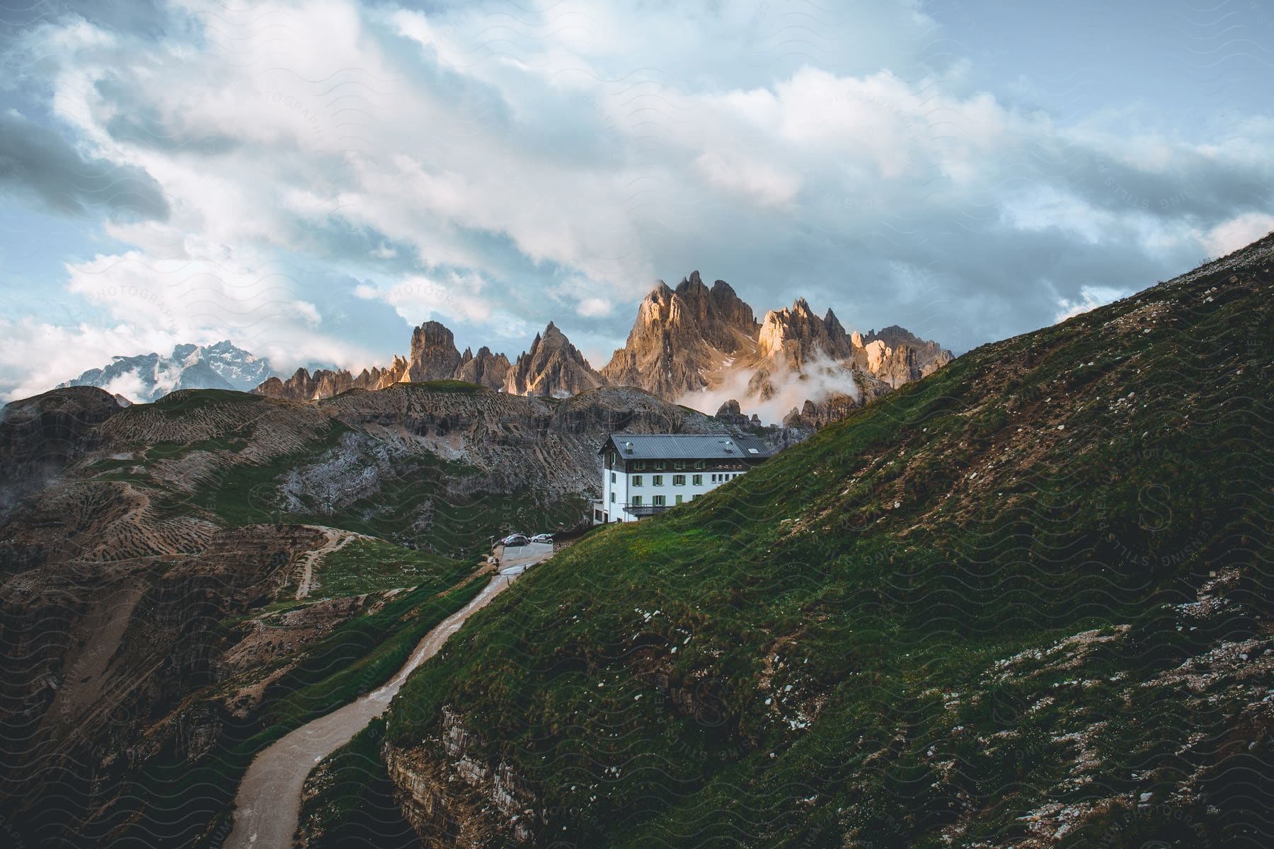 Hotel nestled in the mountains during the morning