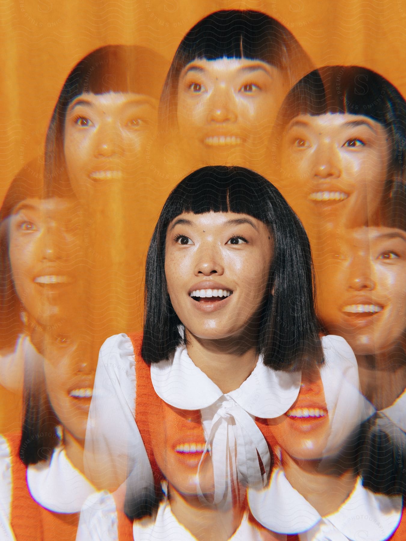 A cheerful woman wearing a white shirt and an orange vest smiling warmly with a sense of joy and optimism