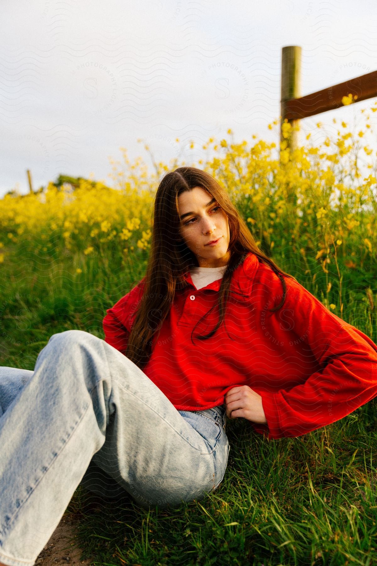 A young woman sits in the grass near a field of yellow flowers wearing a red shirt and faded blue jeans