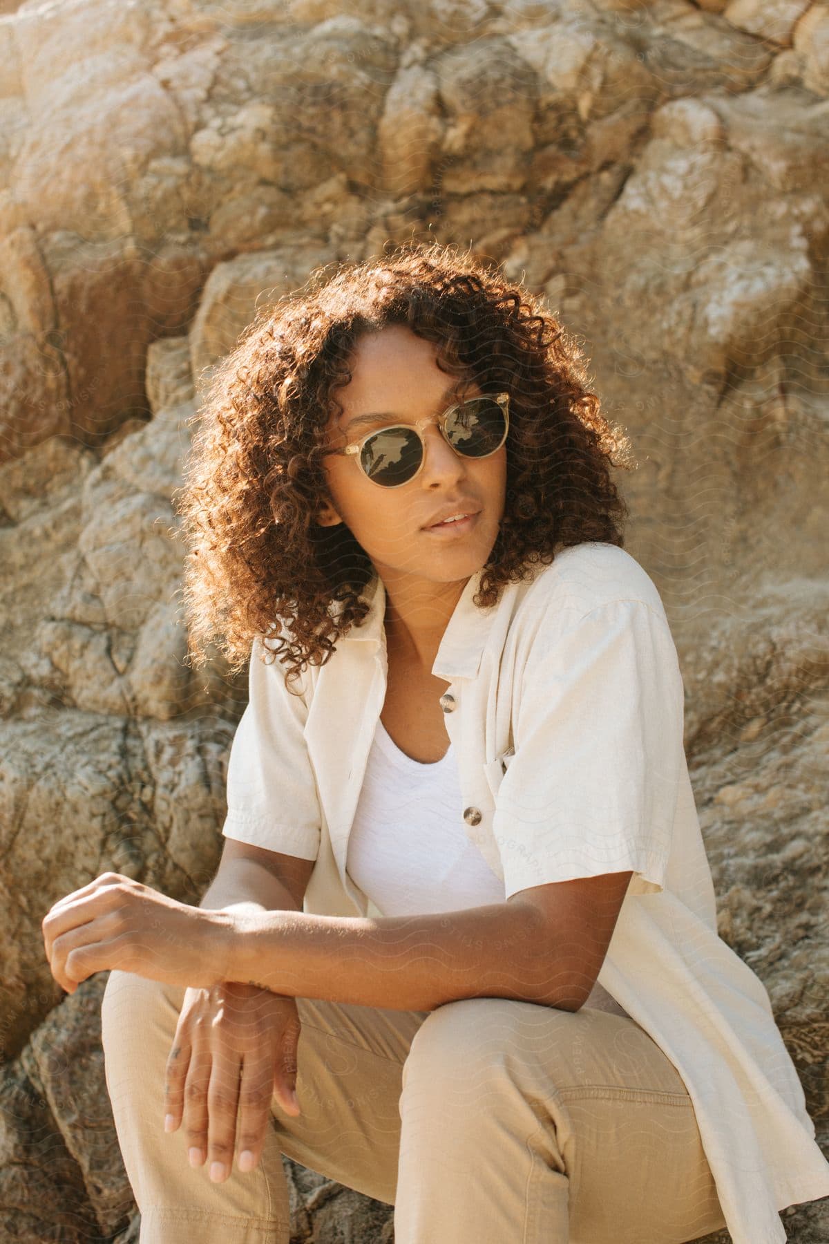 A person with curly hair and sunglasses smiling