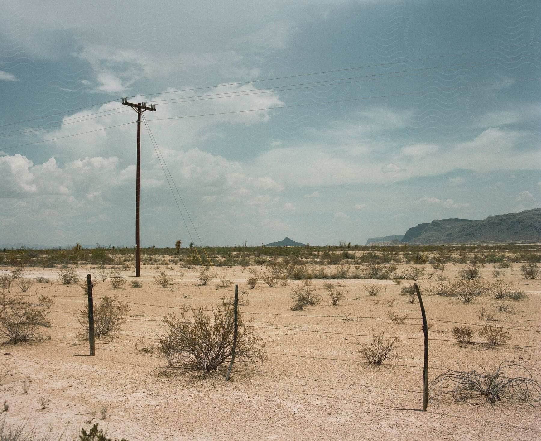 A wire fence and utility pole stretch across the desert with scattered plants vegetation and mountains in the distance under a cloudy sky near presidio texas