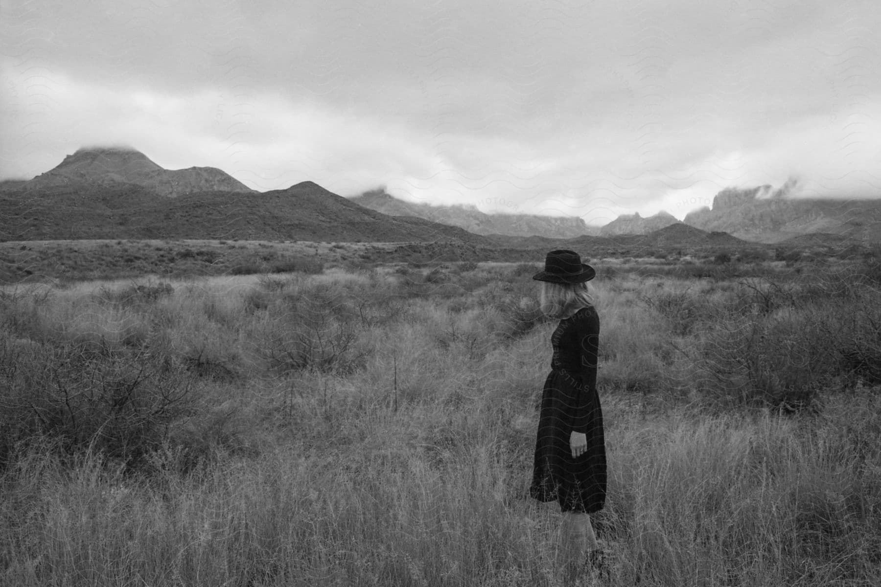 A person walking in the wilderness with mountains in the background