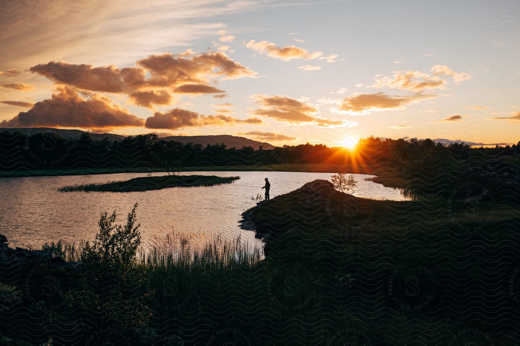 A man fishing on a riverbank at sunset surrounded by lush vegetation