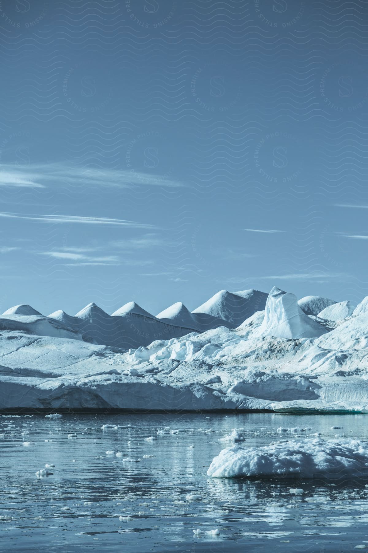 The sun shines upon icebergs and melting pieces of ice floating on the arctic water surface in greenland