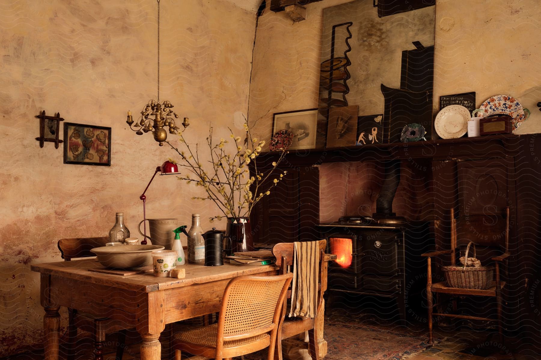 Dining Room With Rustic Design Featuring Antique Wooden Furniture In An Interior Setting