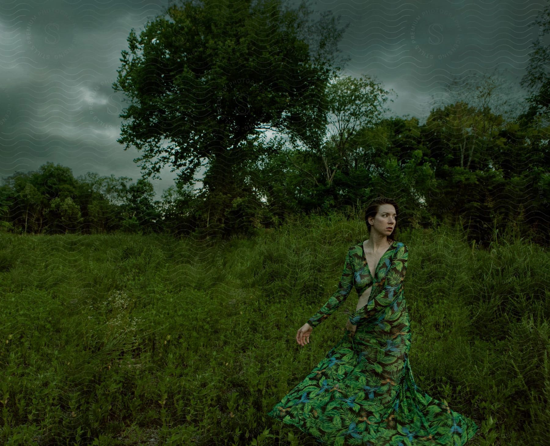 Woman in green dress twirls in grass looking concerned at stormy sky