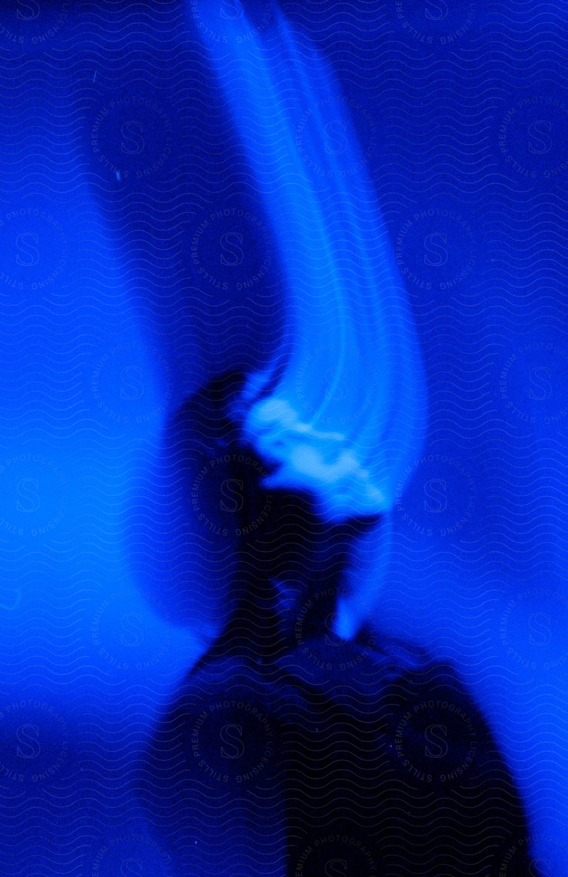 A woman with dark hair looks up under blue lights her face distorted by motion blur