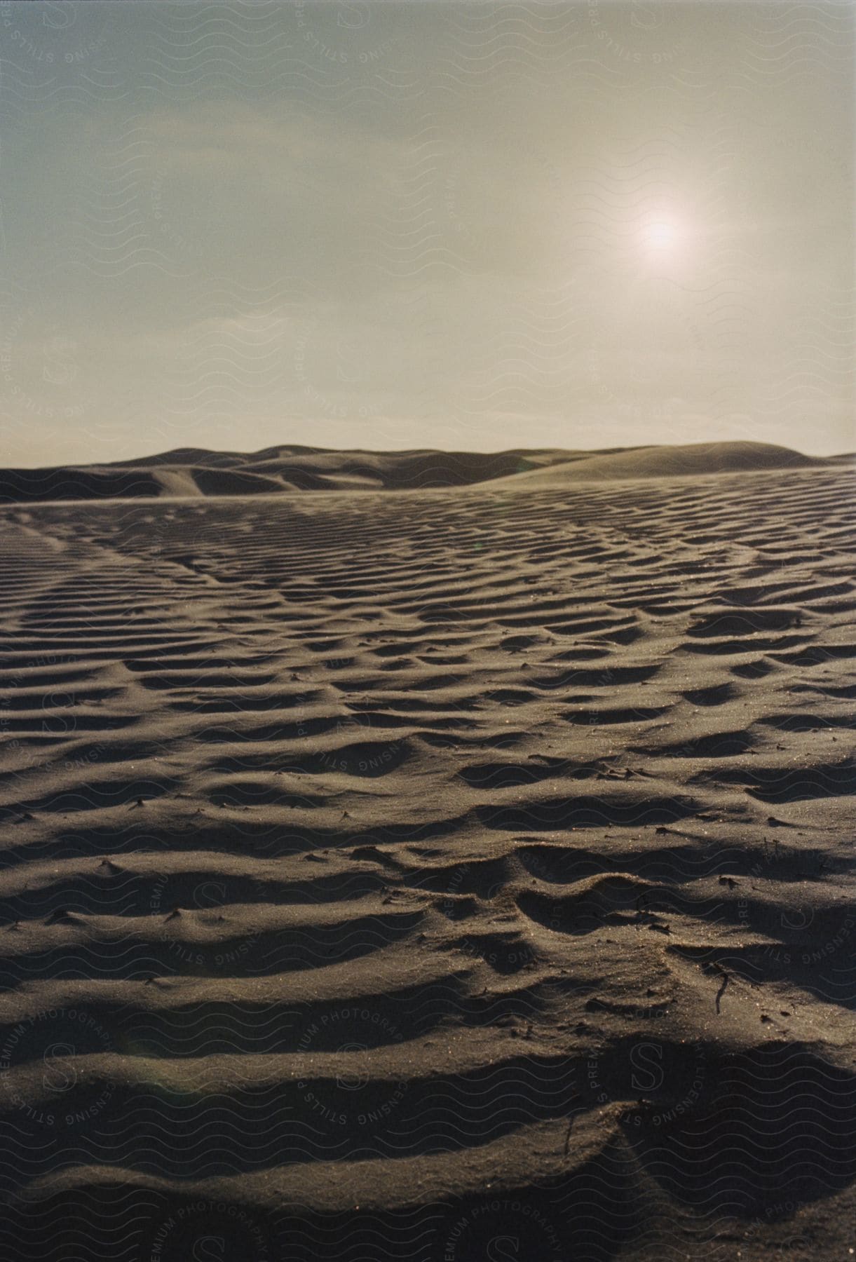 Stock photo of sandy flat landscape with sun shining high in the sky