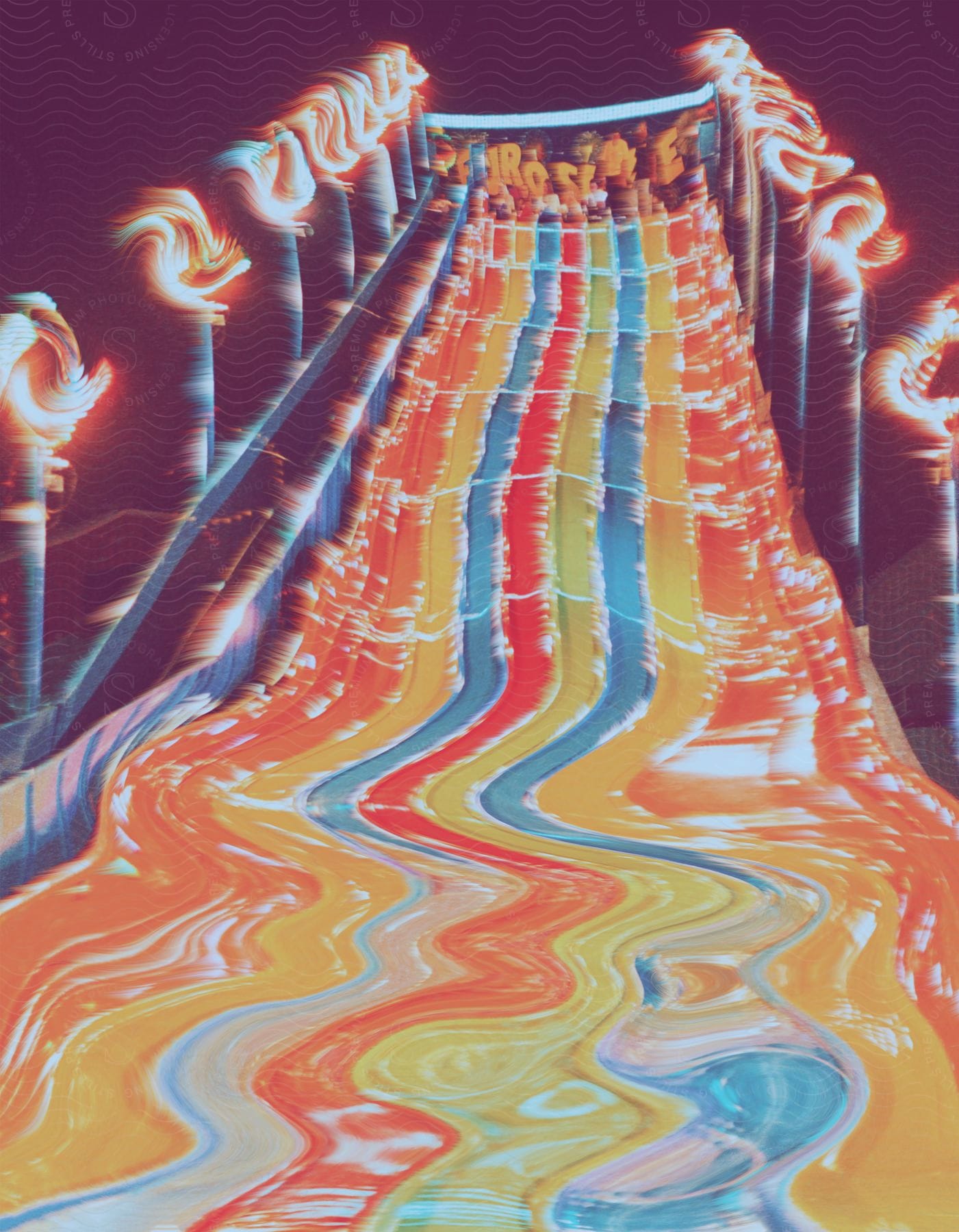 People waiting at the top of a tall slide in an outdoor setting at night time