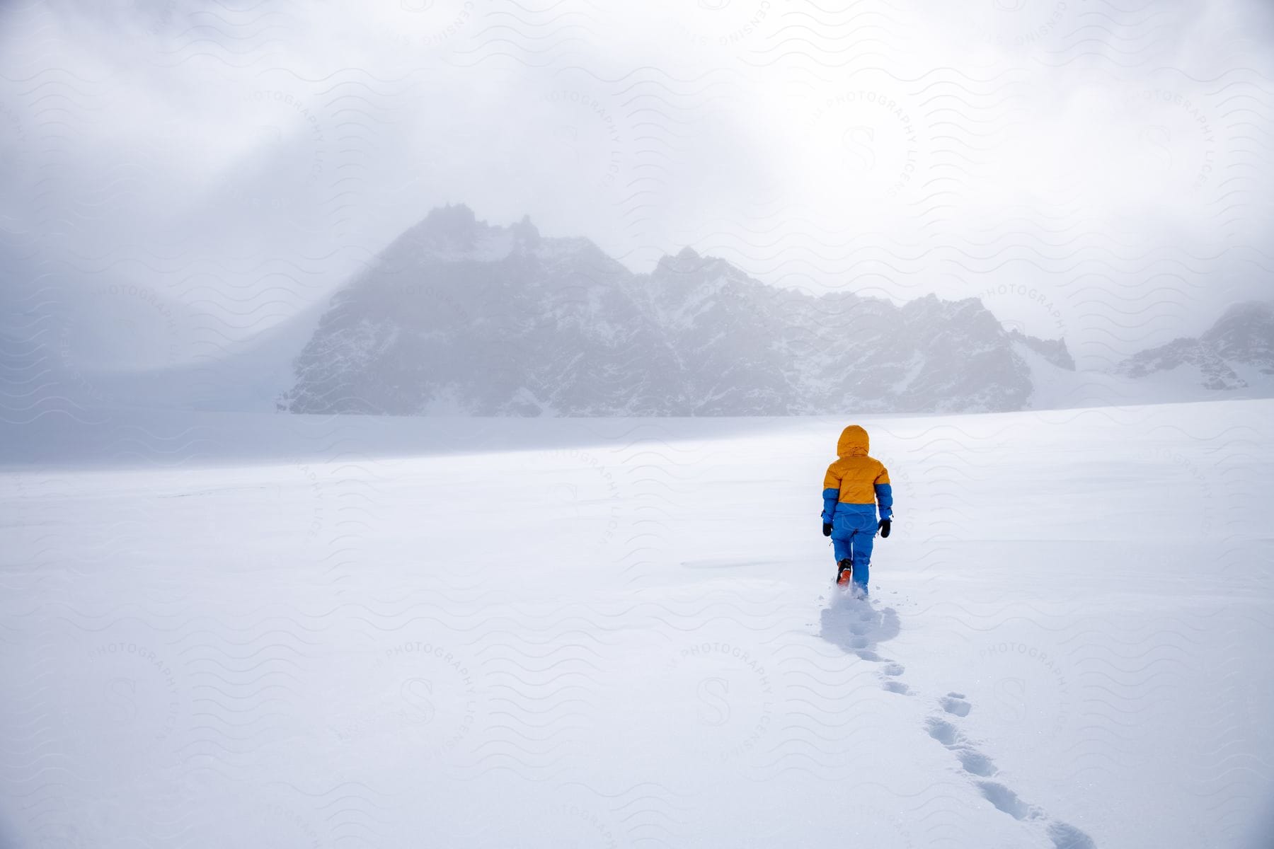 A person walking towards the mountains in antarctica