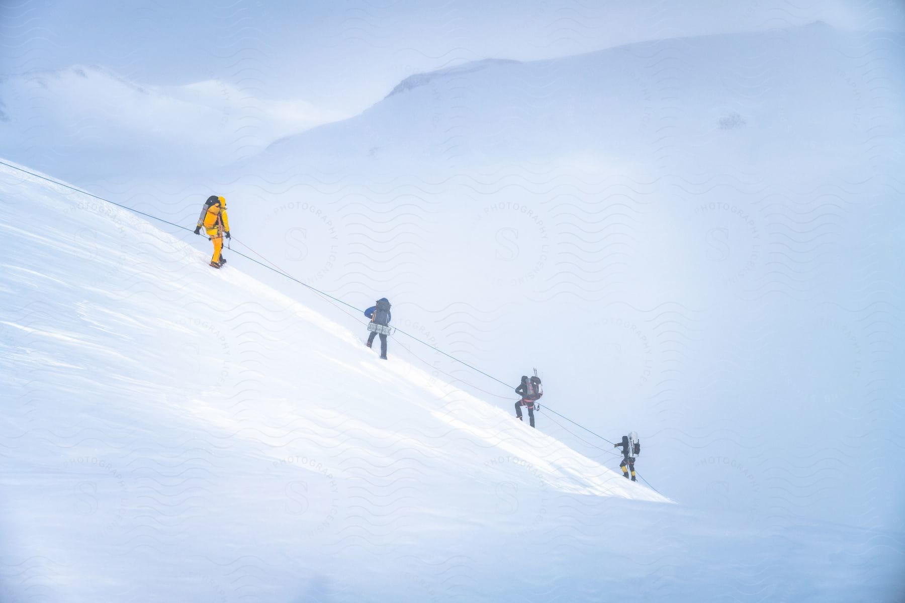 Group of people performing rope maintenance on a steep slope in the arctic