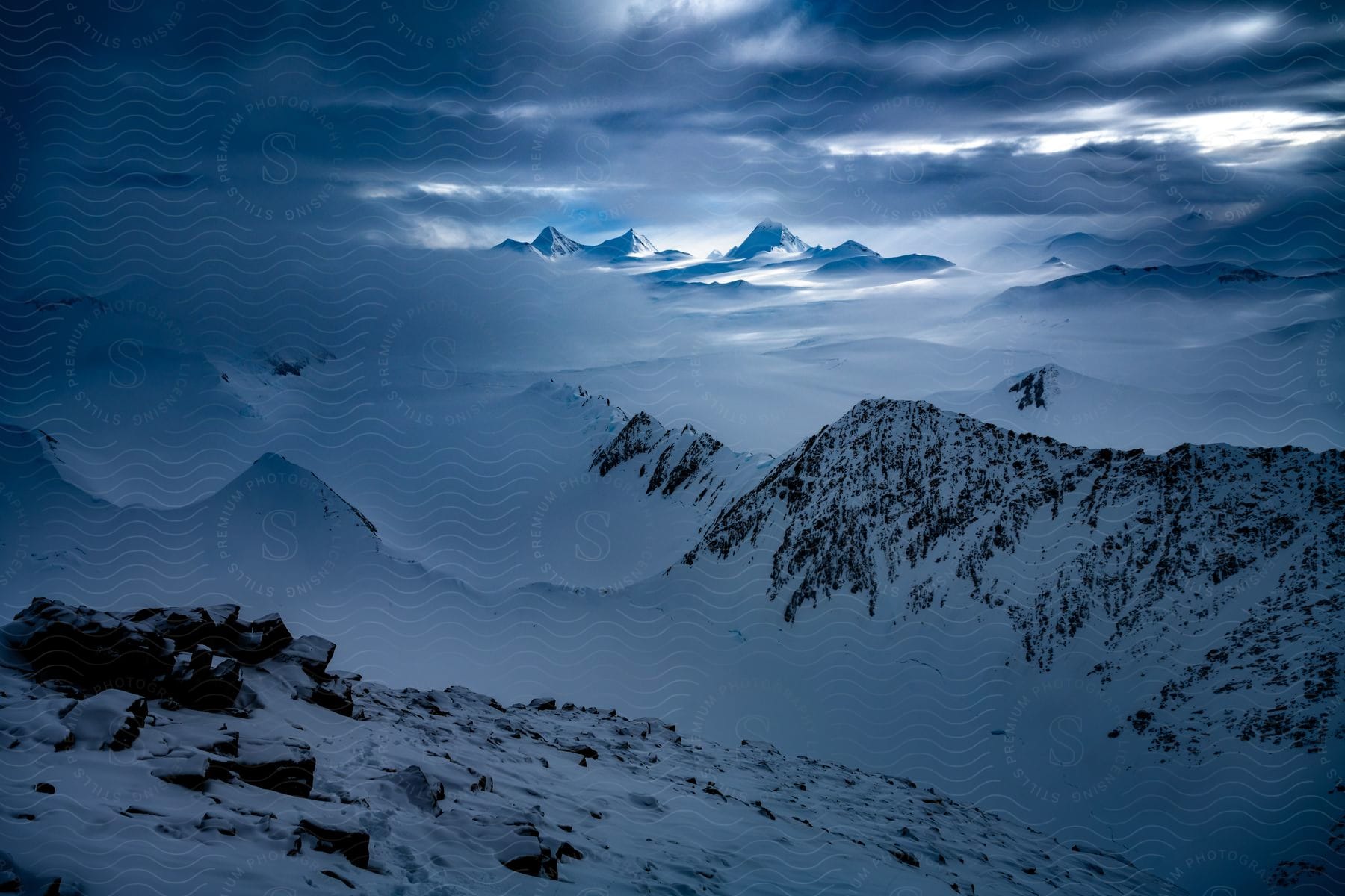 Aerial winter landscape of a mountain range