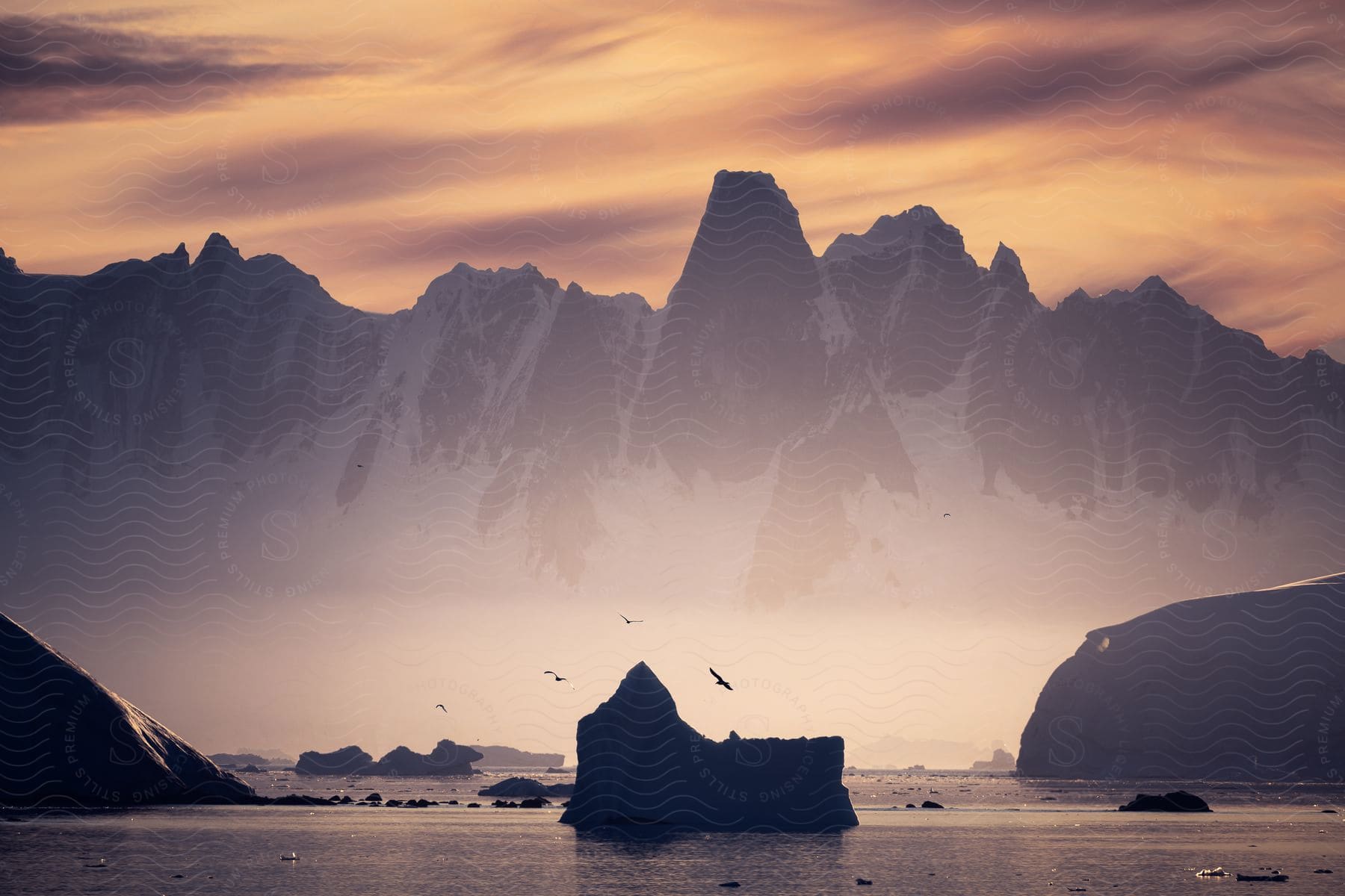 Ocean with icebergs and high snowy mountain ridge at sunset