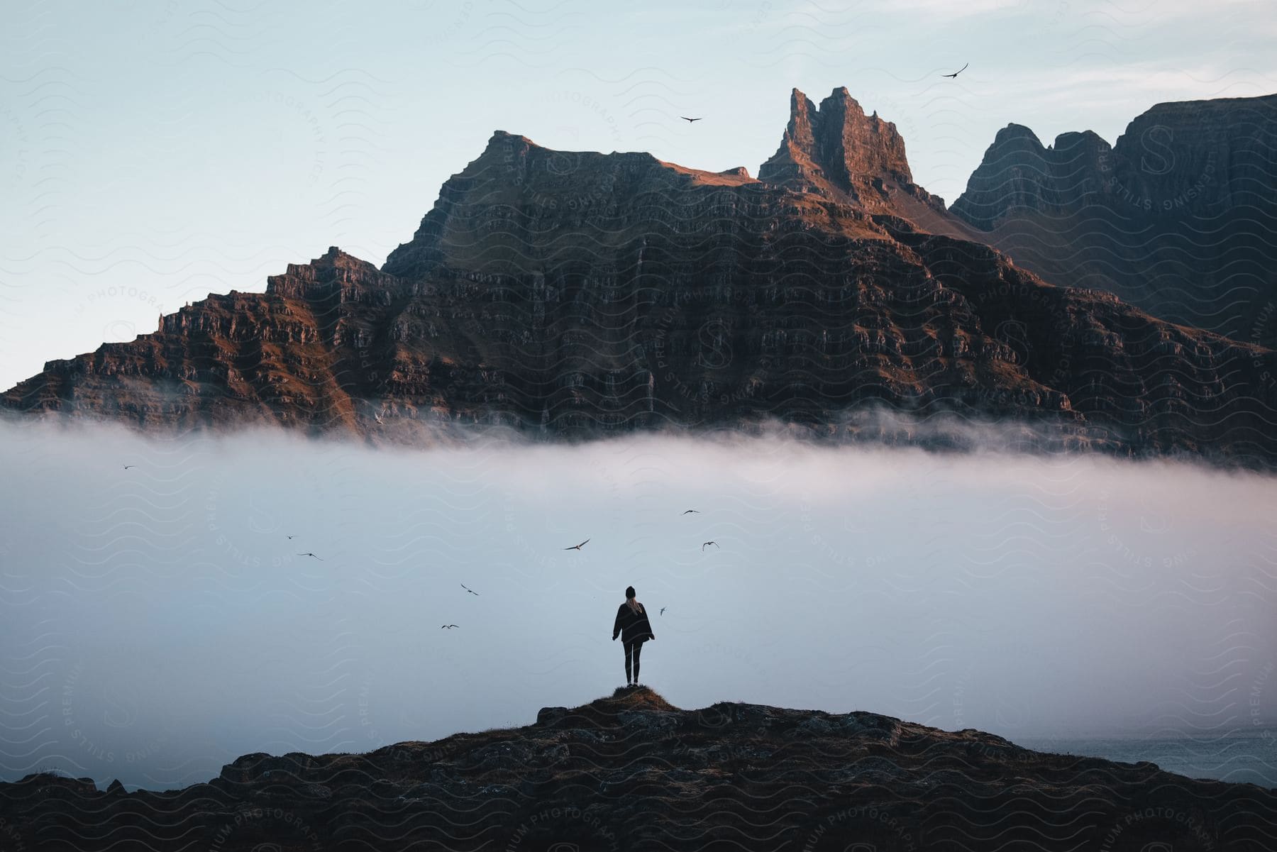 A person stands on a mountain ledge as birds fly in fog and clouds over the mountains