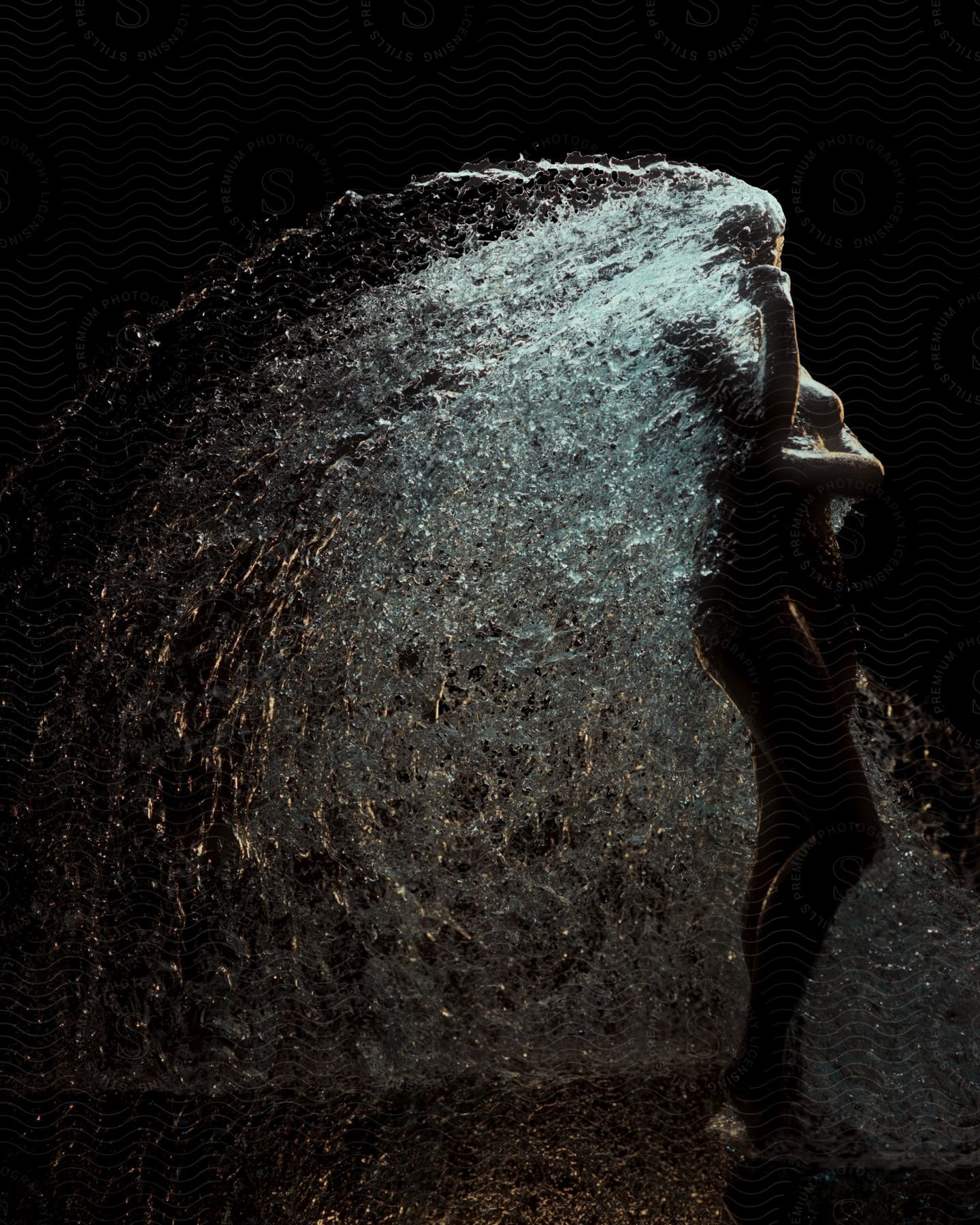 Black sculpture in a black room with water spraying off it