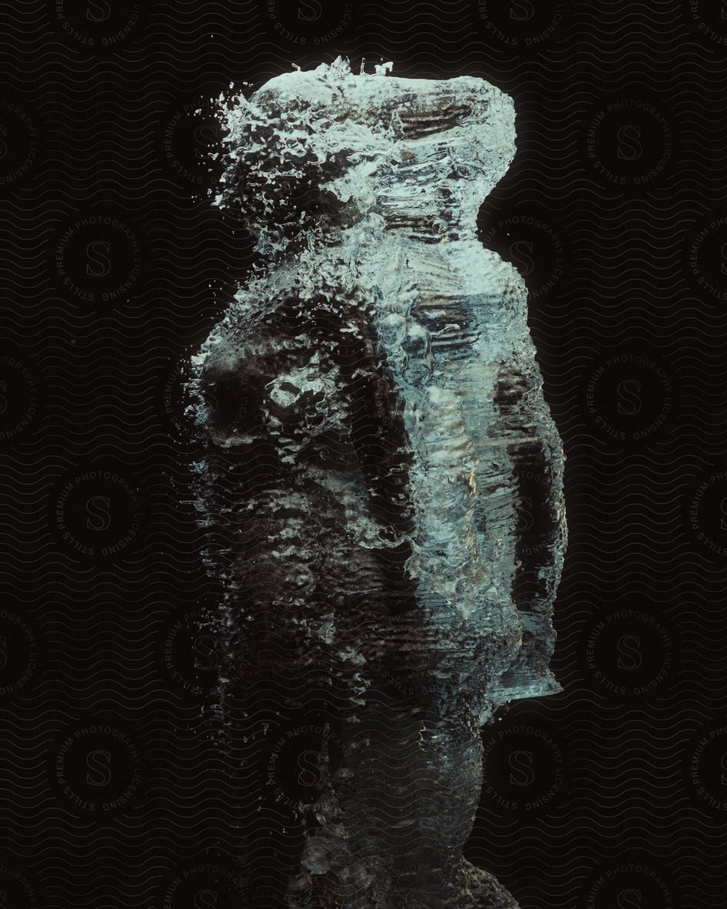 Two figures blur together in statue against black background