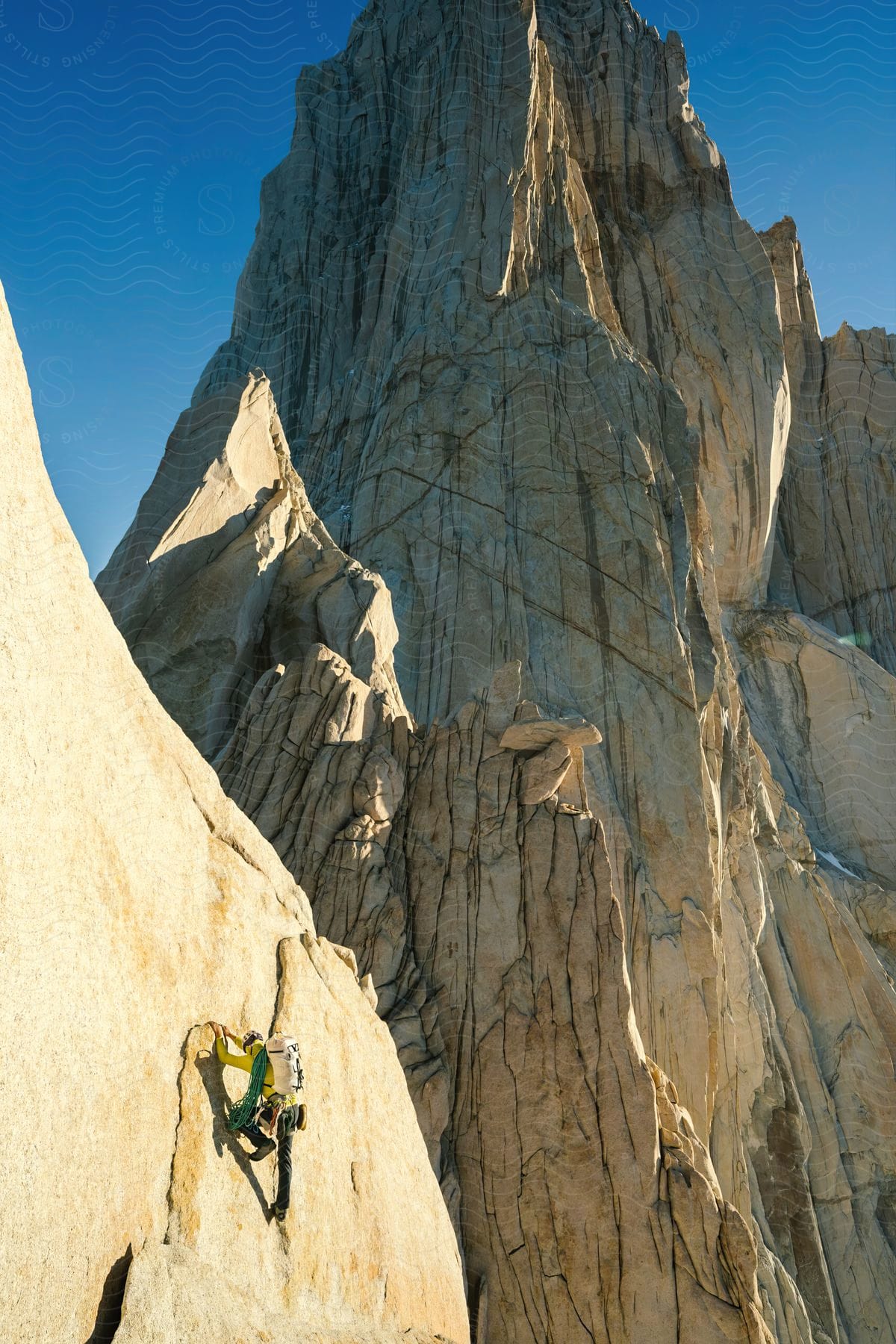 A man climbing a rocky hill in a natural landscape