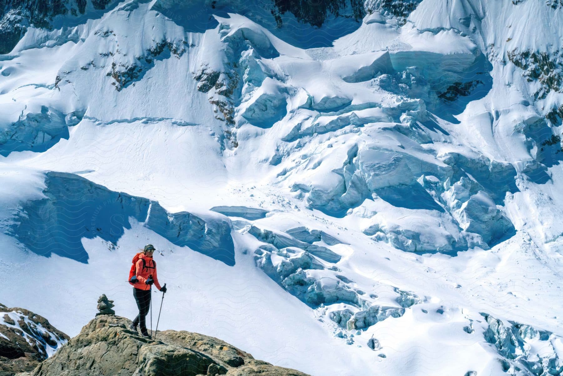 Woman hiking next to snowy mountains in perus huayhuash and cordillera blanca regions