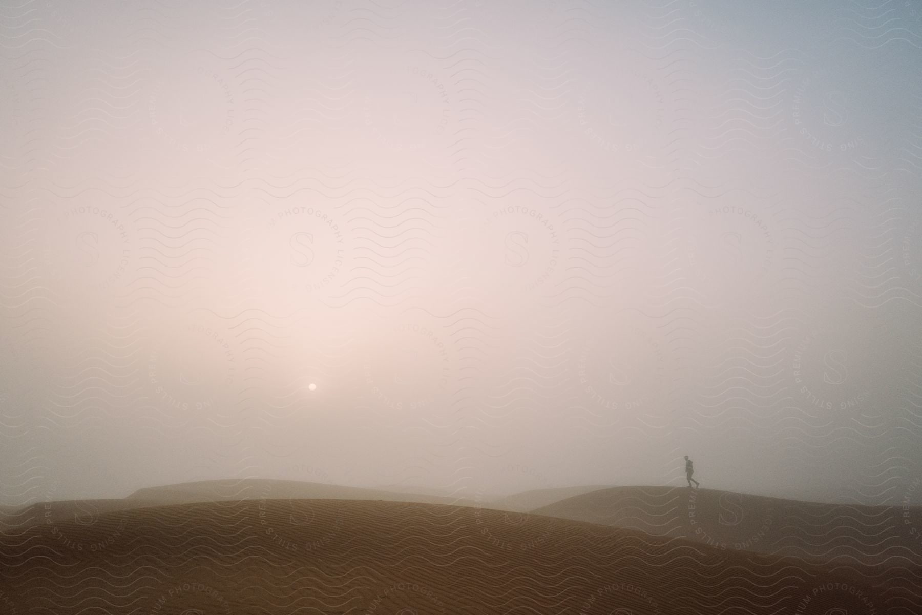 A person walks in the distance of a fogcovered desert landscape