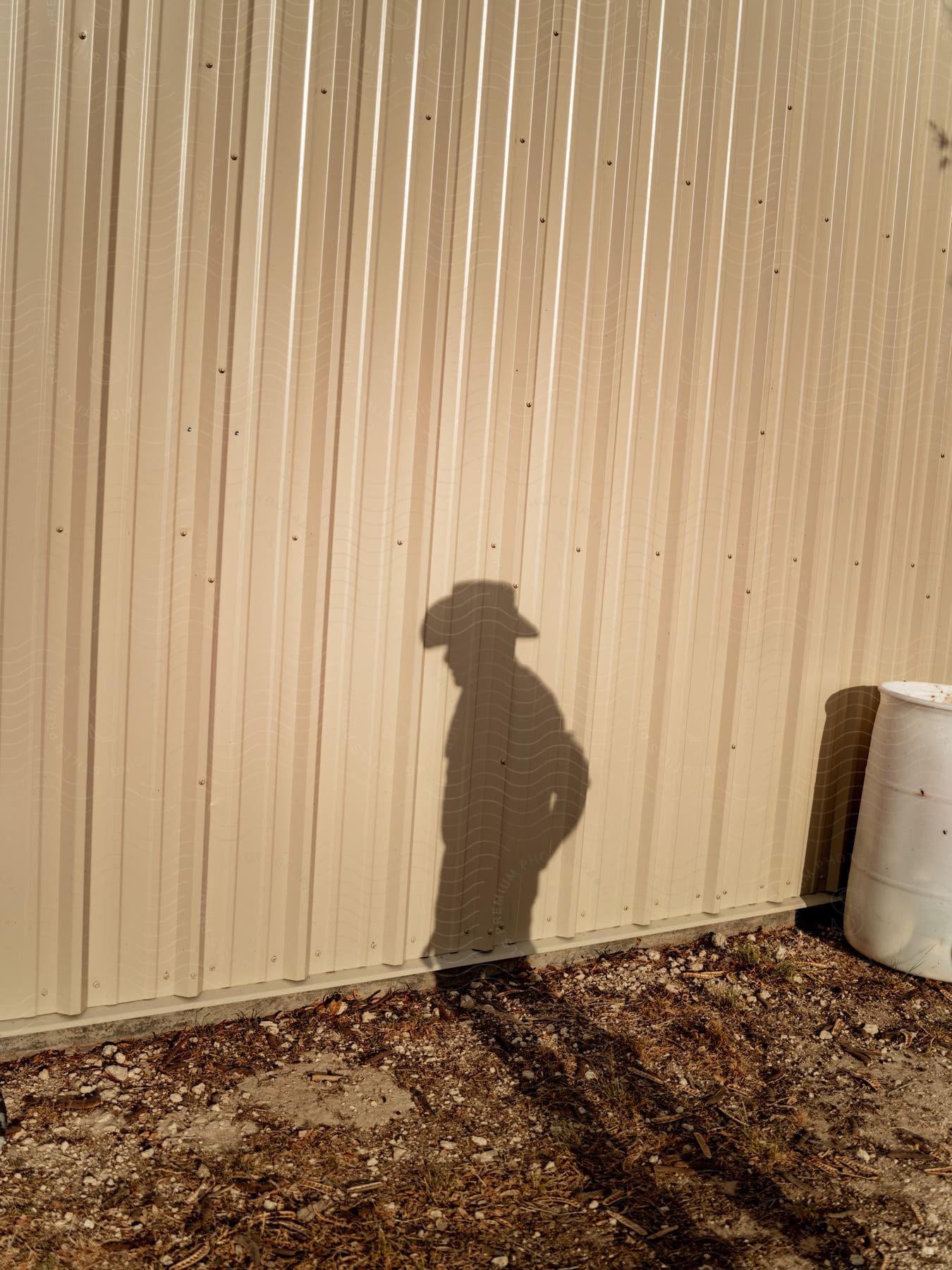 A mans shadow is visible on a white building