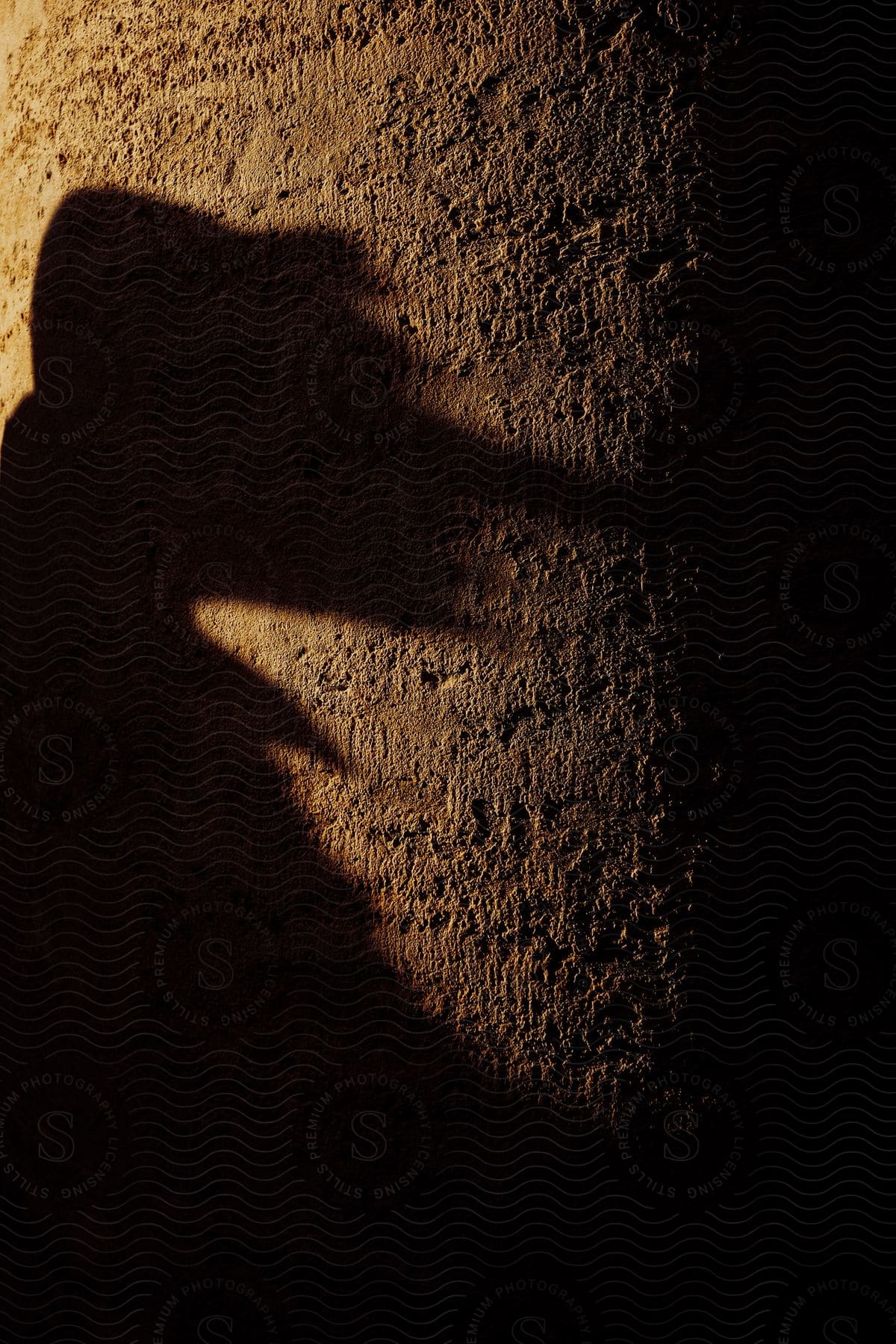 A silhouette of a mans head cast on a stone wall with light