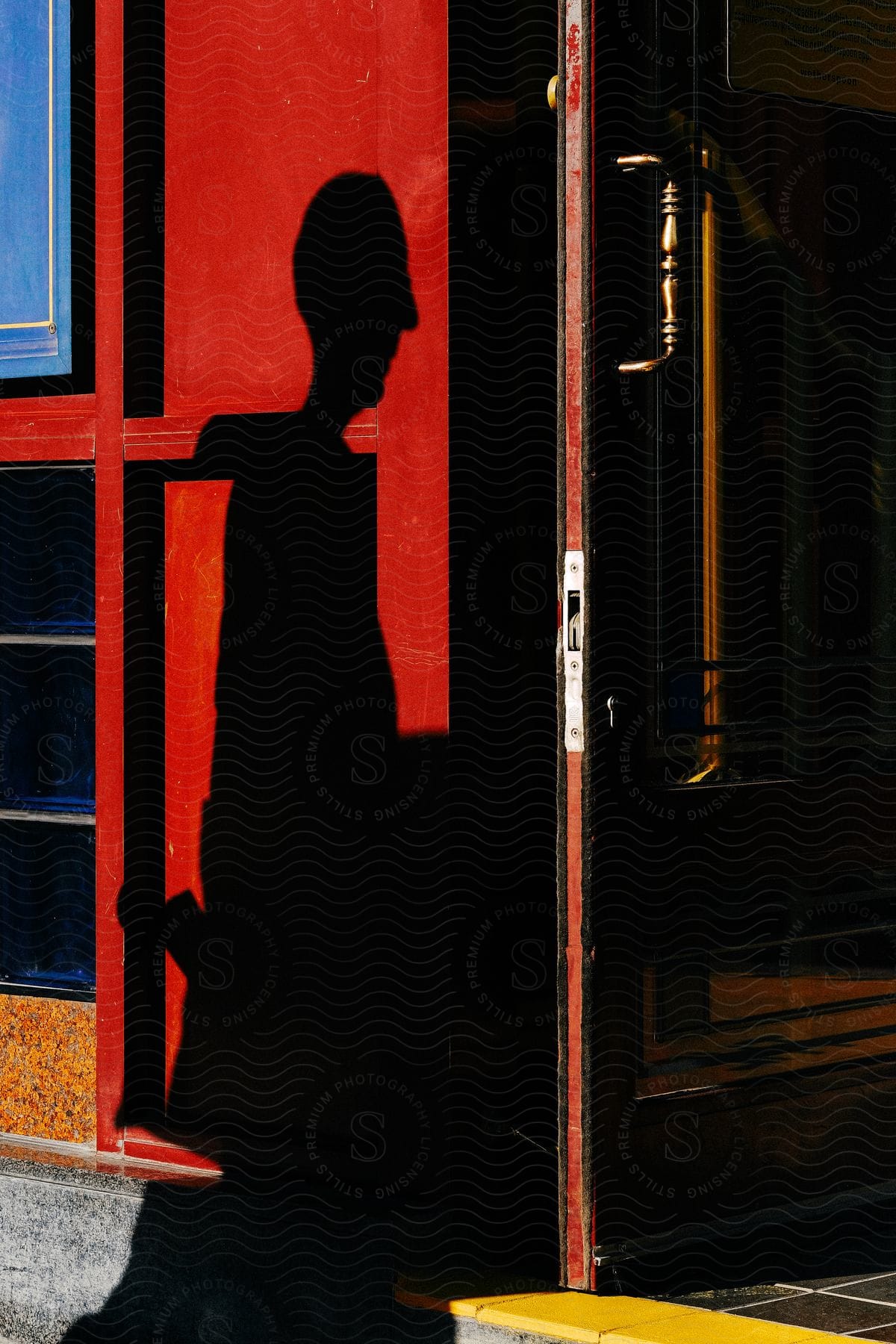 A mans silhouette cast on a red exterior wall next to an open door