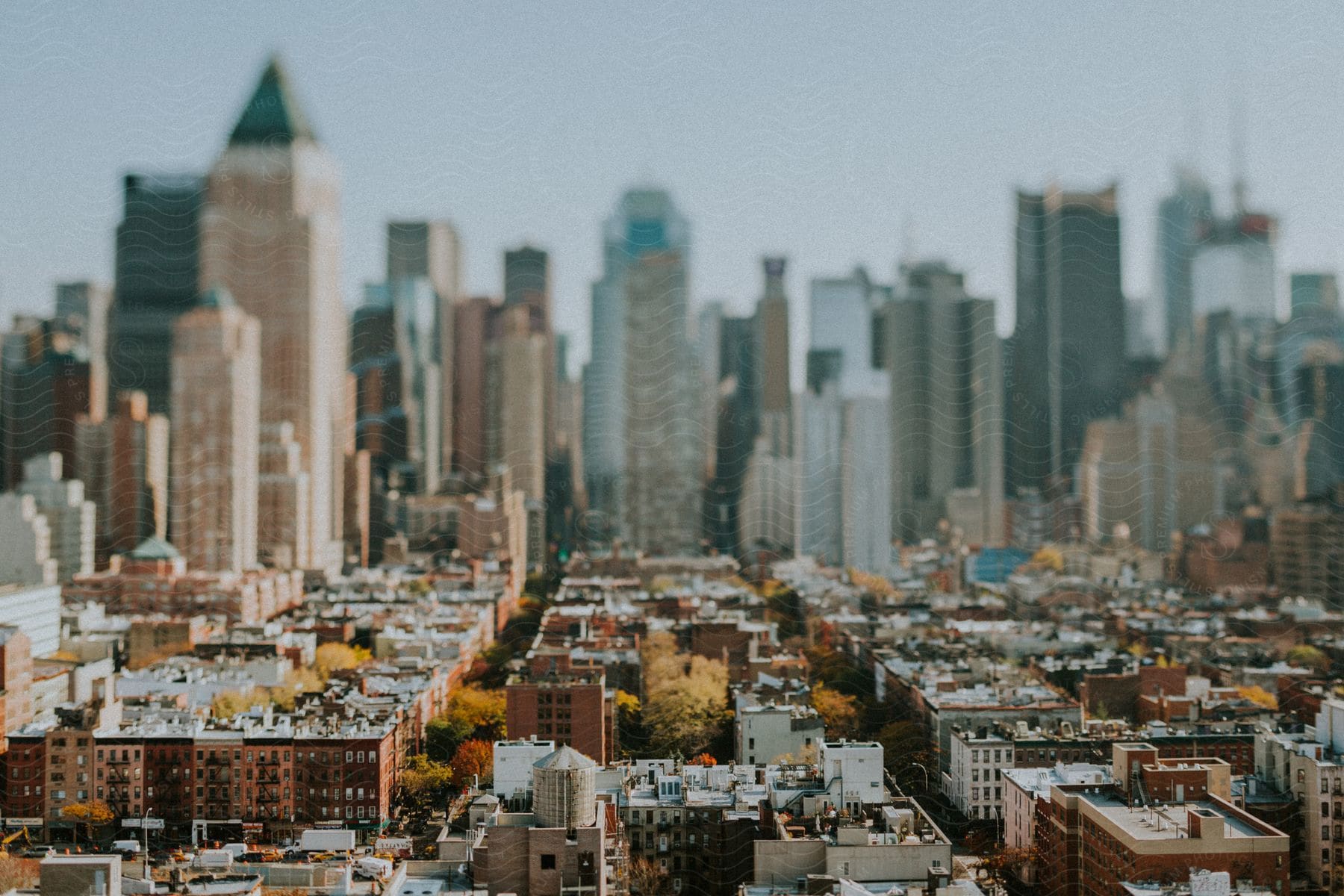 An aerial perspective of a metropolis with streets lined by autumncolored trees