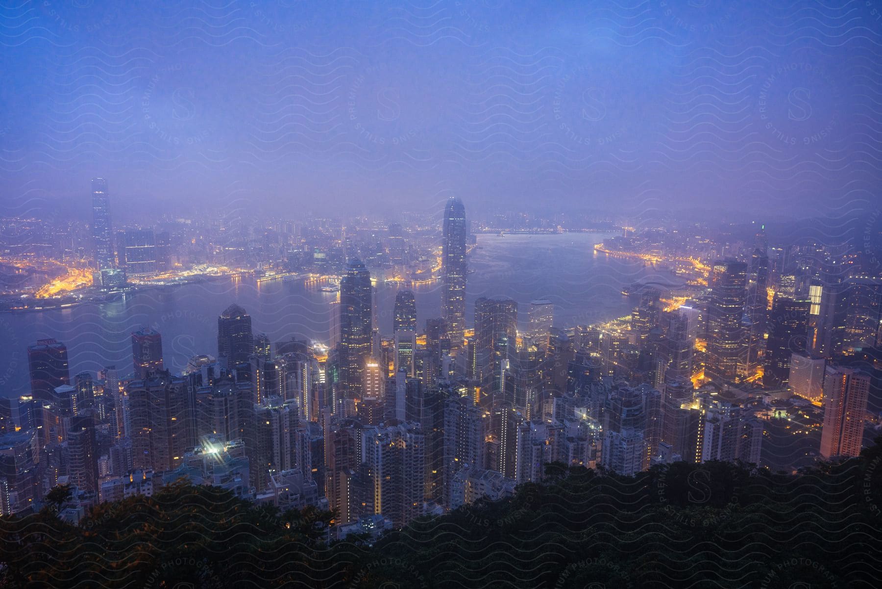 Brightly lit city surrounding water on foggy night seen from a forest overlook