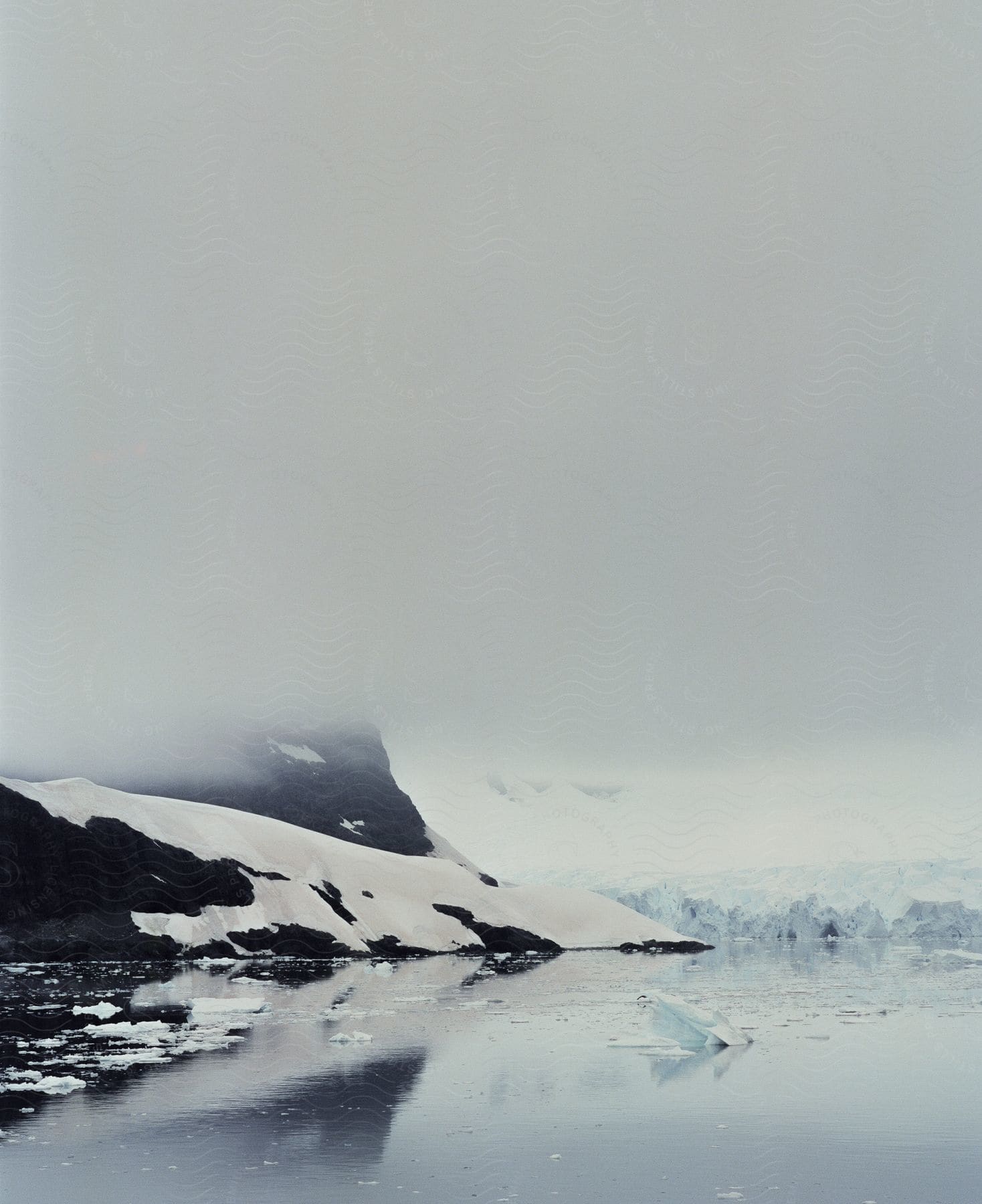 Snowy mountain peak meets ocean with possible glacier in background