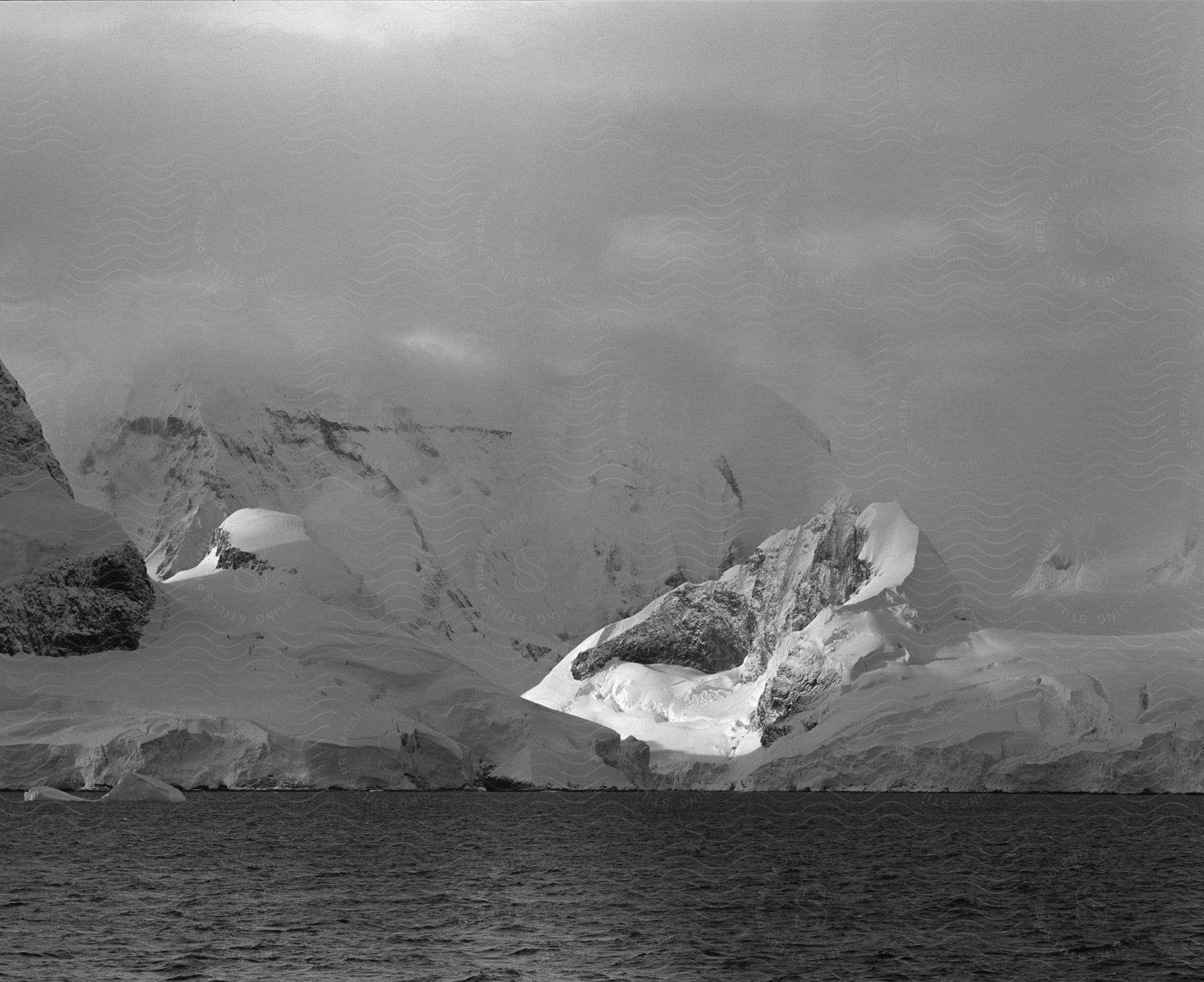 Snowcovered mountains meet the ocean in this blackandwhite photograph of the antarctic peninsula