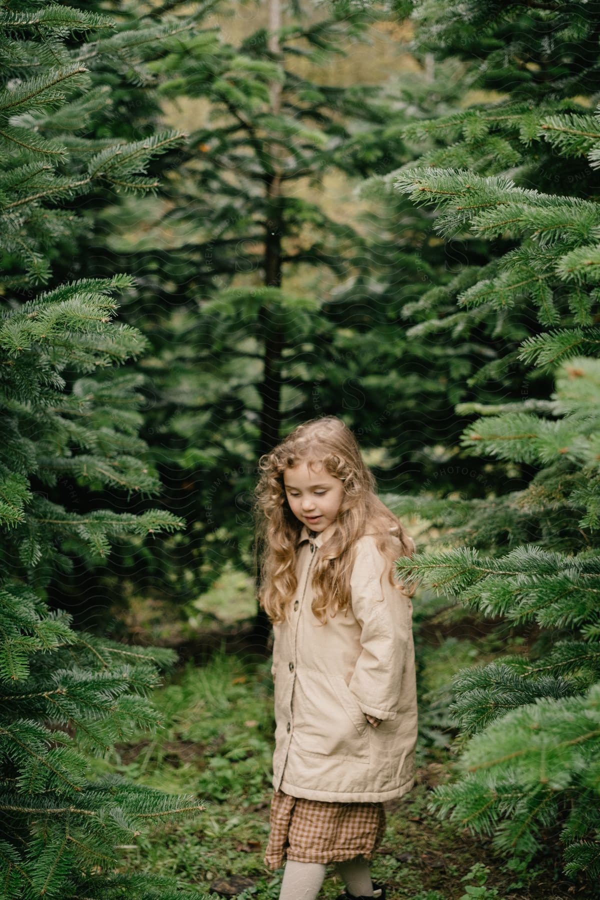 Little girl wearing a rain coat standing in front of trees looking down in an exterior location during the day