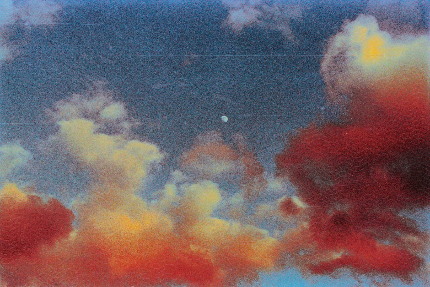 Colorful cloudy sky with half a white moon and red fluffy clouds