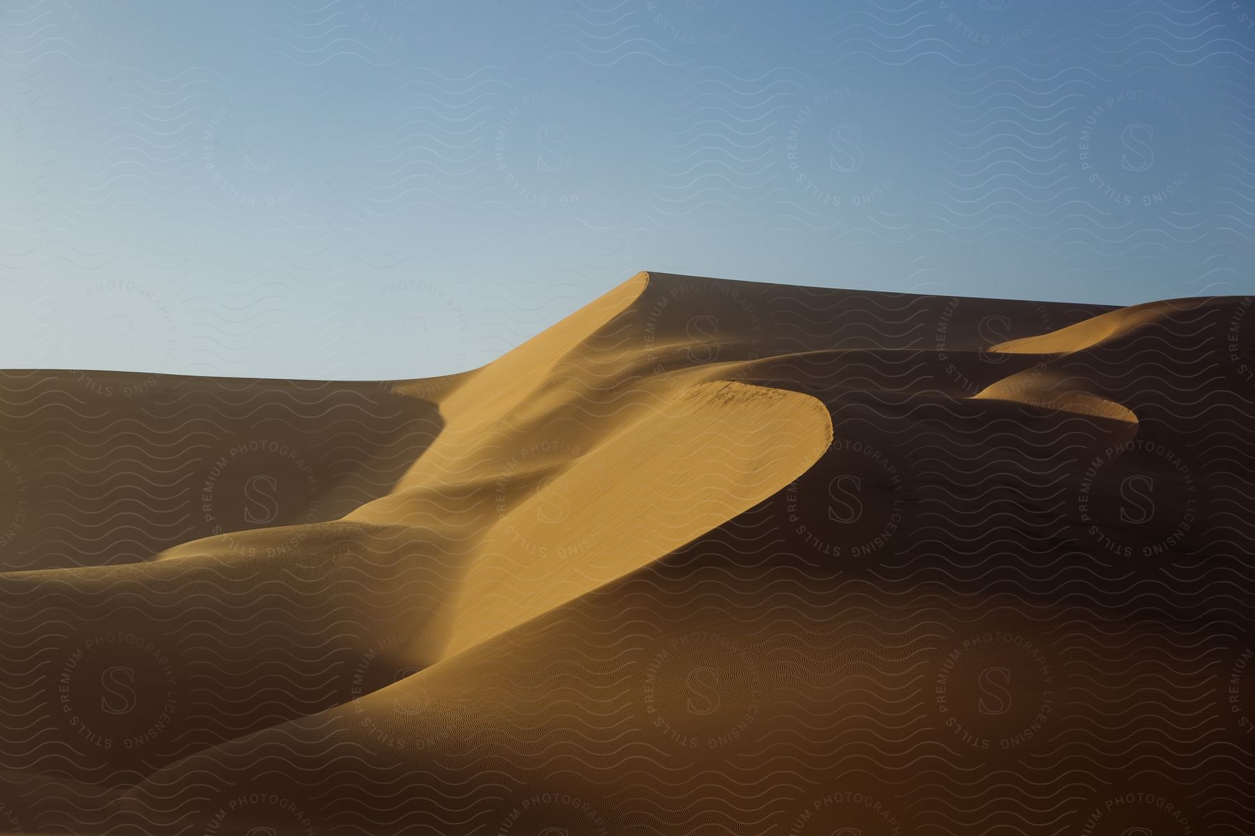 A barren desert slope with sand dunes under a clear sky