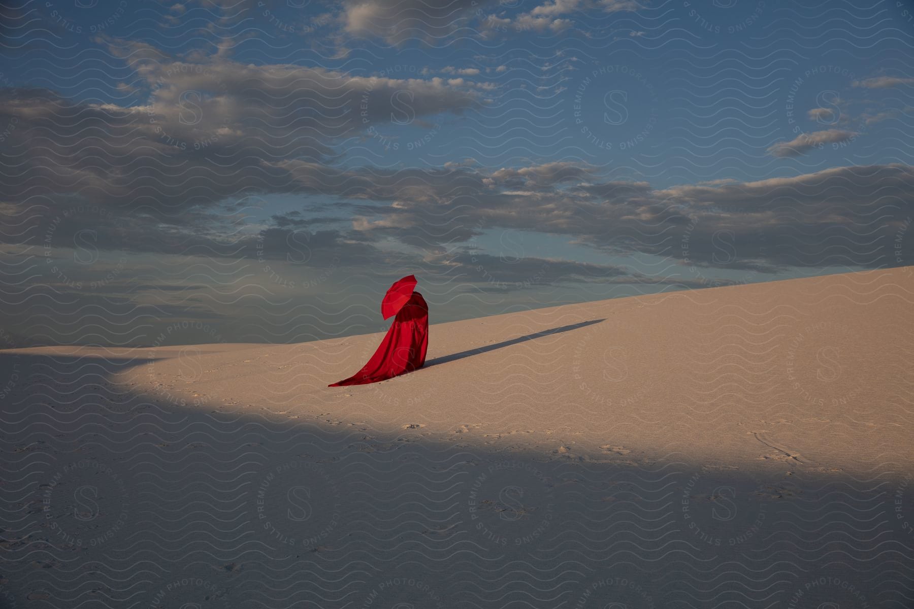 A person stands alone in a desert under a cloudy sky