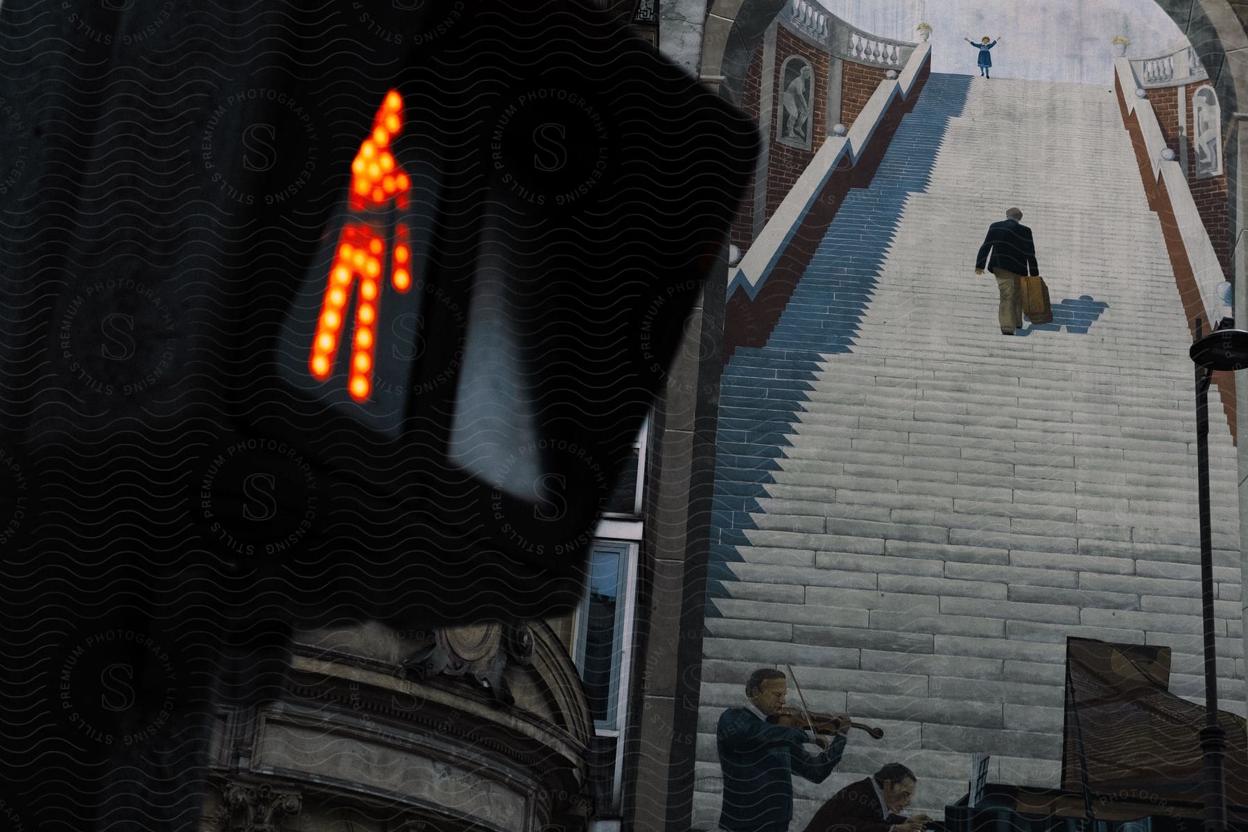 A mural of a man walking up stairs with a dont walk sign in the foreground