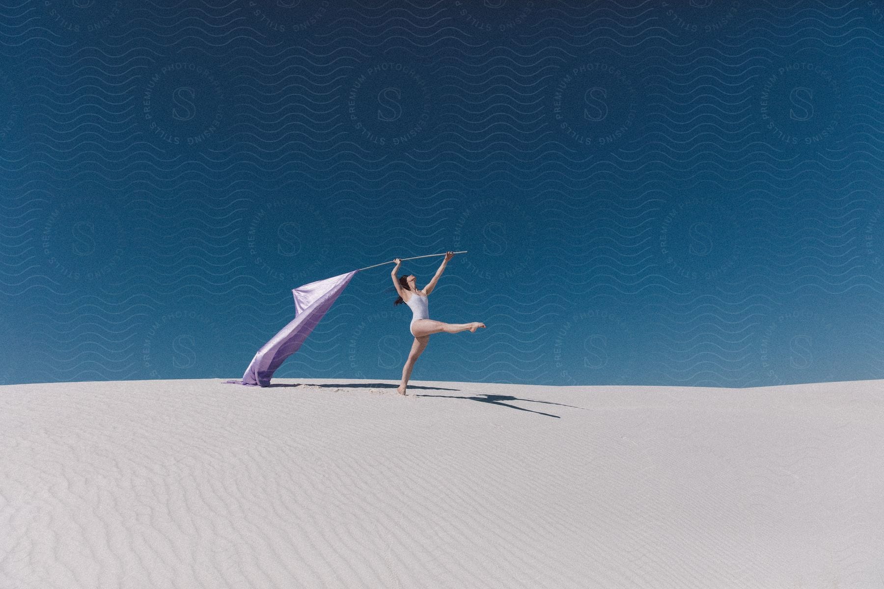 A Dancer Holds A Light Purple Flag Horizontally As She Performs A Ballet Move In The Outdoors During The Day