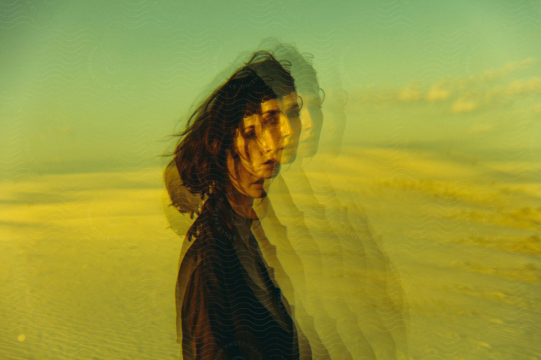 A woman with disheveled hair stands against a green and yellow background