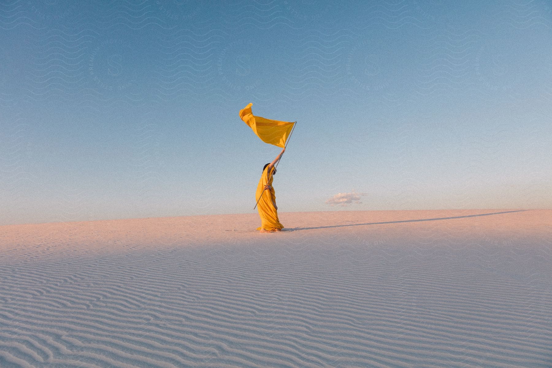 A Person In The Desert Waves A Flag The Same Color Of Their Clothes