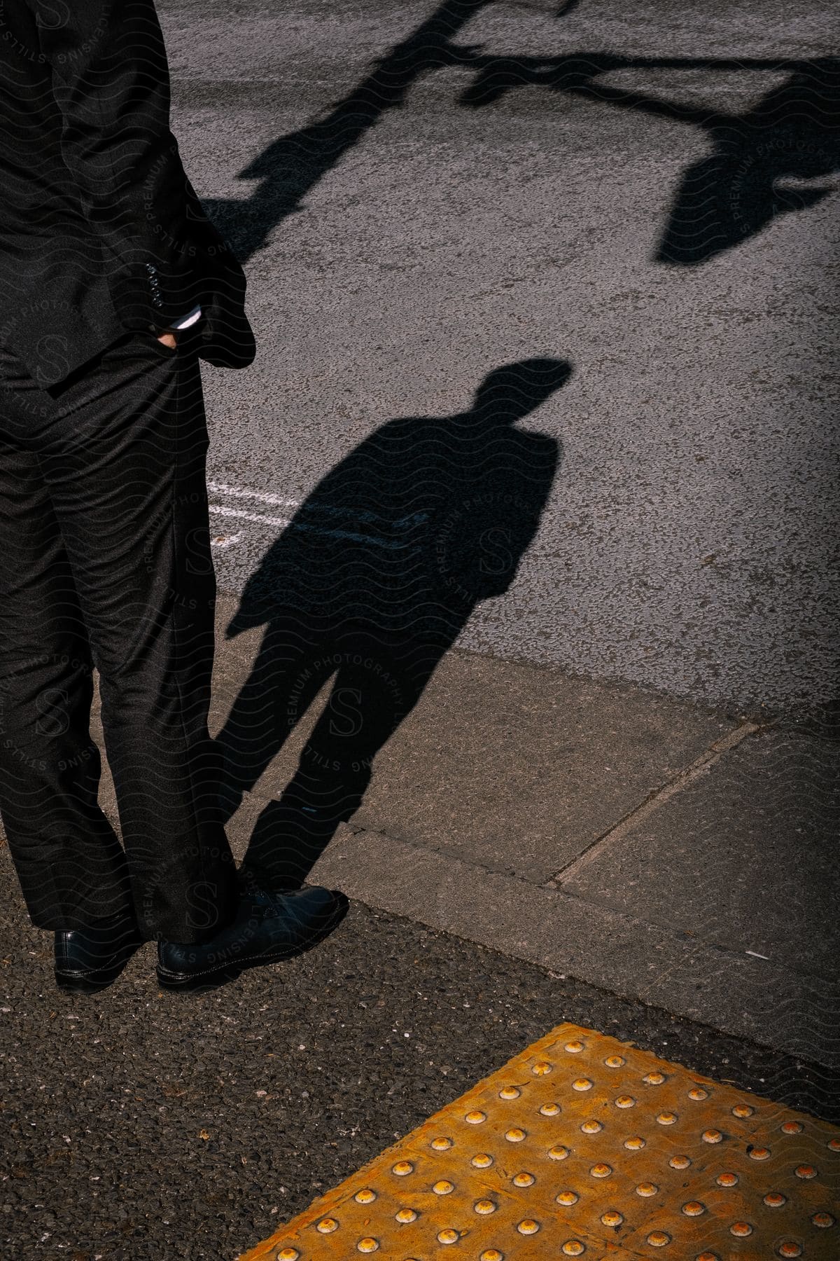 A man wearing a suit stands at a crosswalk
