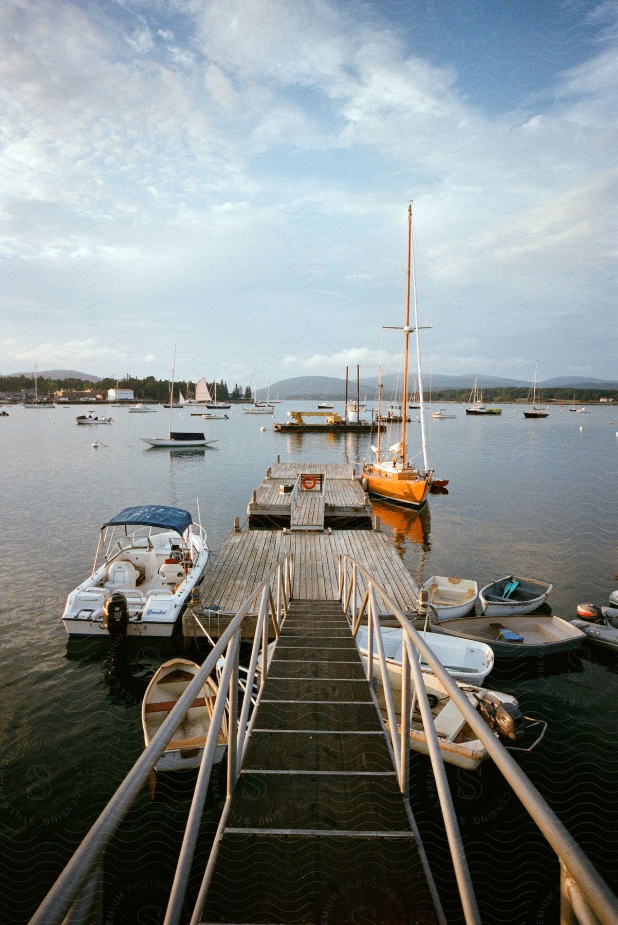 Small boats on a beach pier with a forest in the distance on the horizon