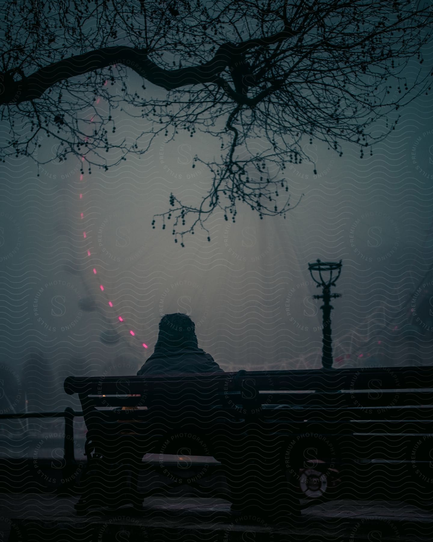 A person sits on a park bench looking at a mistcovered ferris wheel at night