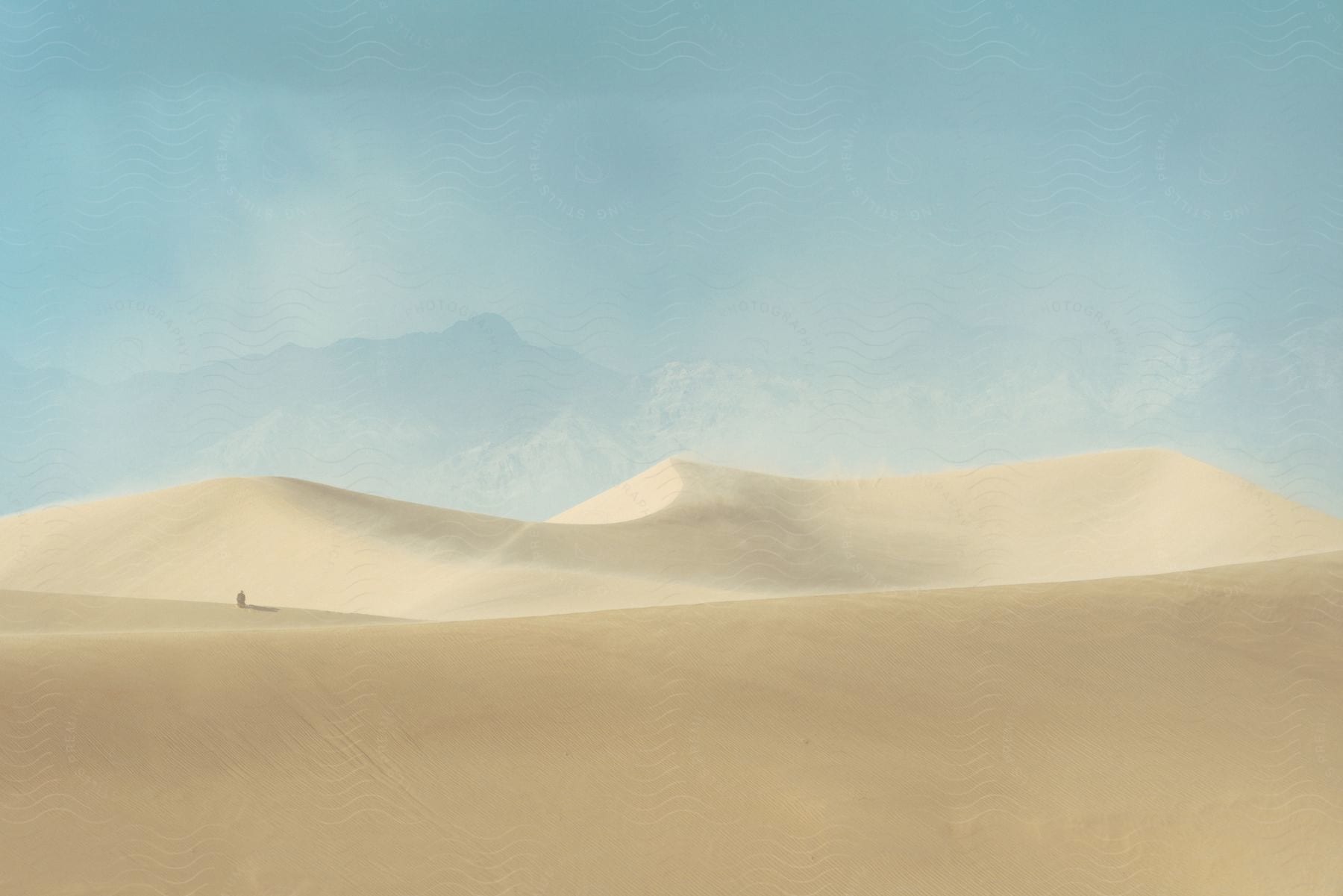 A Desert Landscape With Sand Dunes Under A Sunny Sky