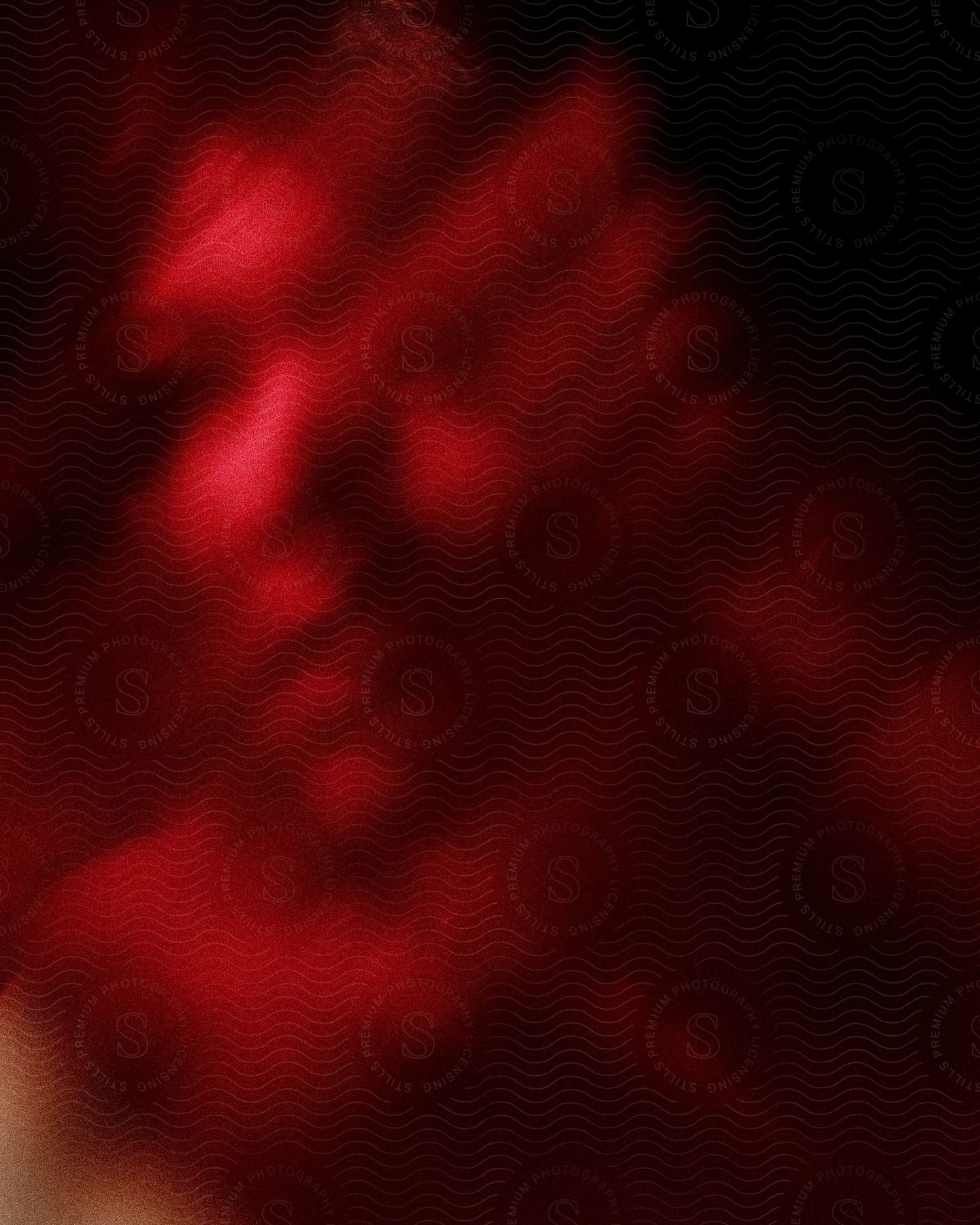 A womans face is barely visible through a red cover barely casting light